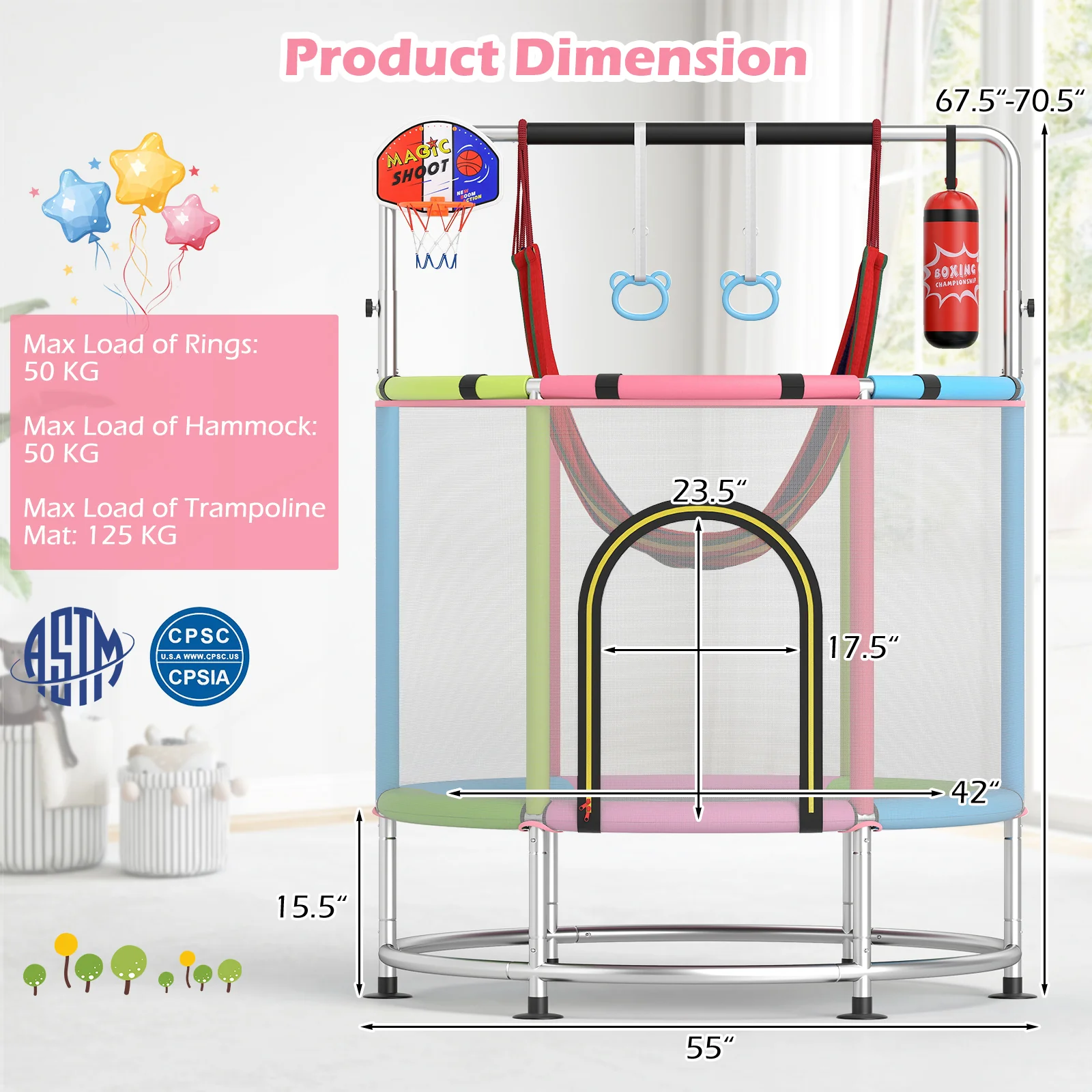 55" Kids Trampoline Gift for for 3-6 Years Old Boys and Girls - Image 27