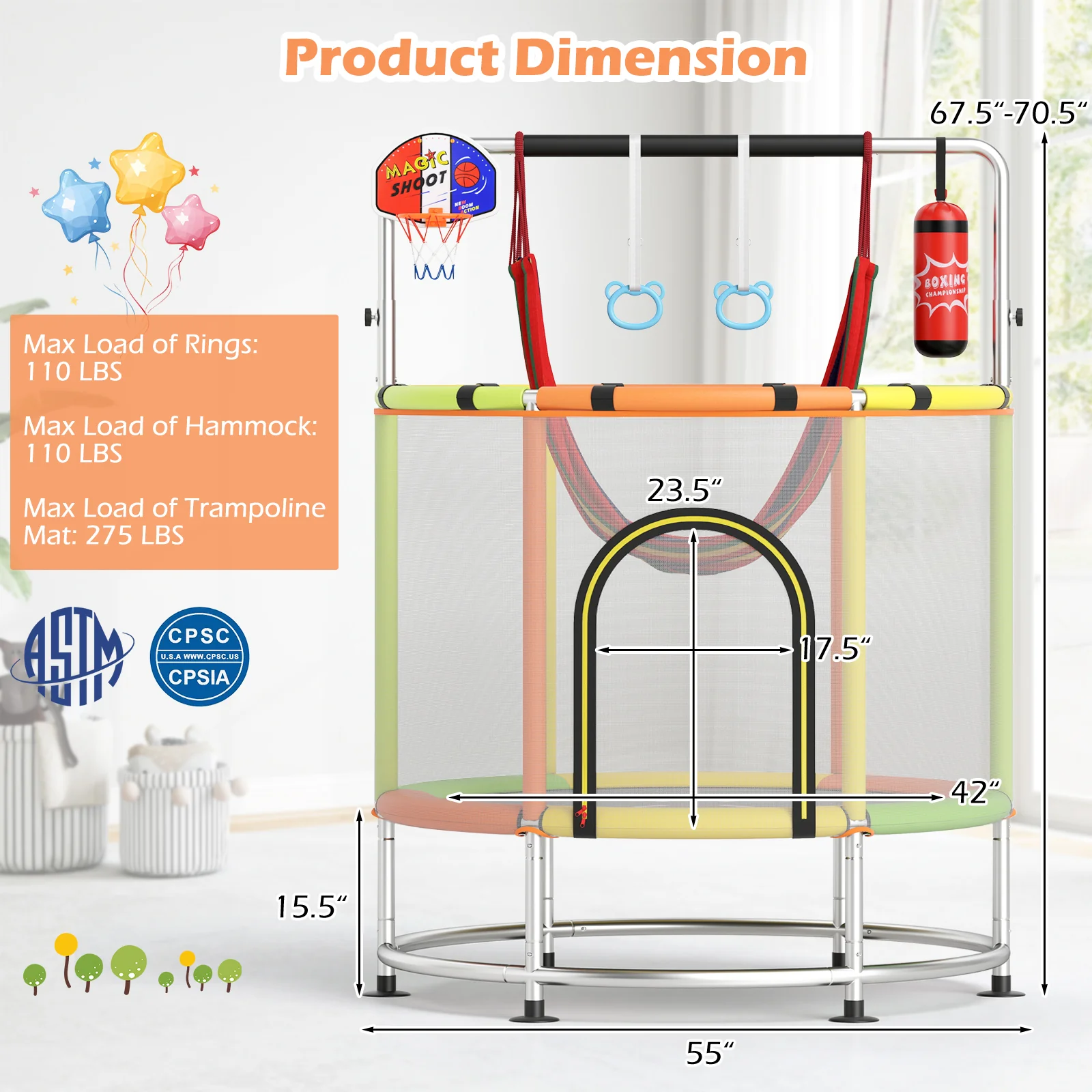 55" Kids Trampoline Gift for for 3-6 Years Old Boys and Girls - Image 3