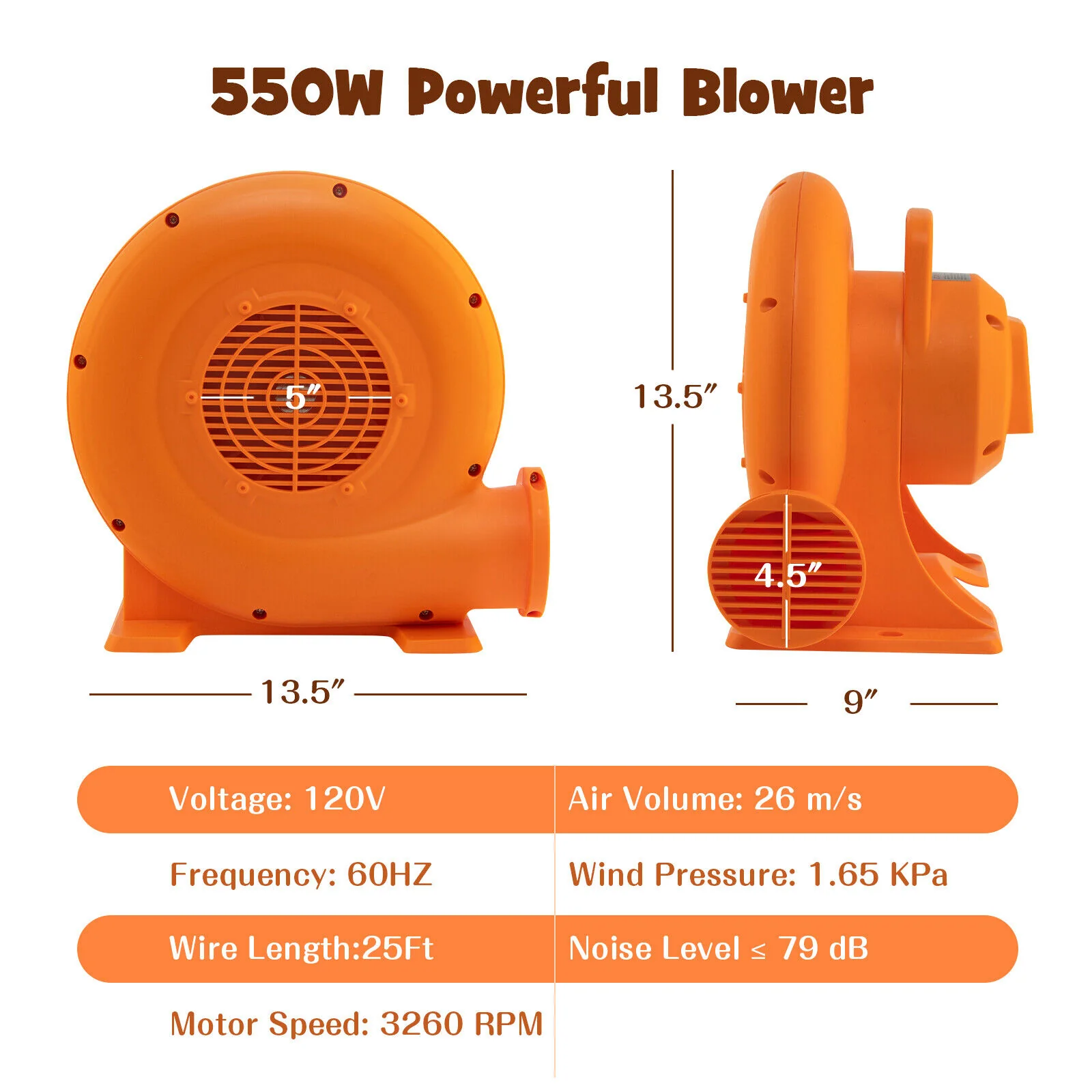 550W Air Blower (0.7HP) for Inflatables with 25 feet Wire and GFCI Plug - Image 3