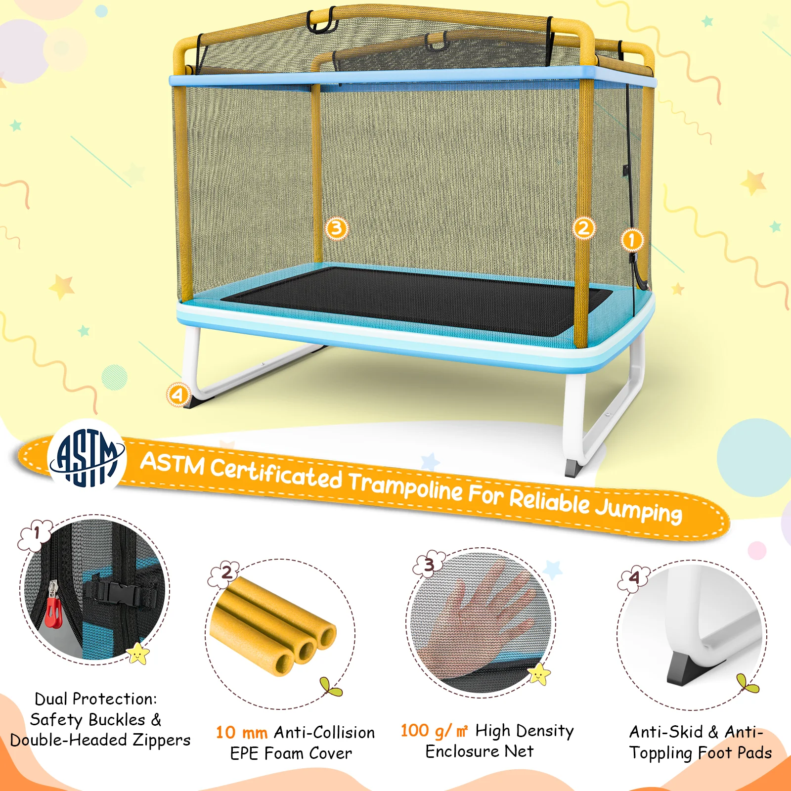 6 Feet Rectangle Trampoline with Swing Horizontal Bar and Safety Net - Image 14