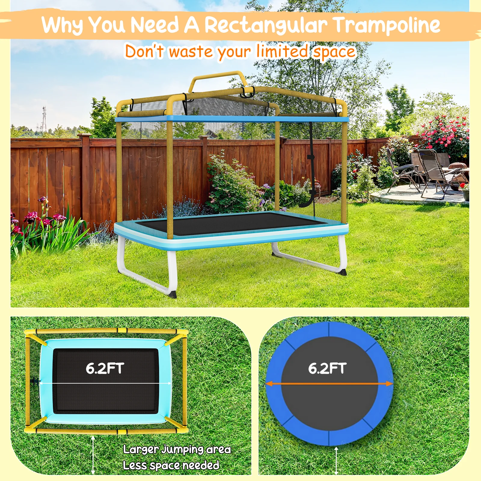 6 Feet Rectangle Trampoline with Swing Horizontal Bar and Safety Net - Image 15