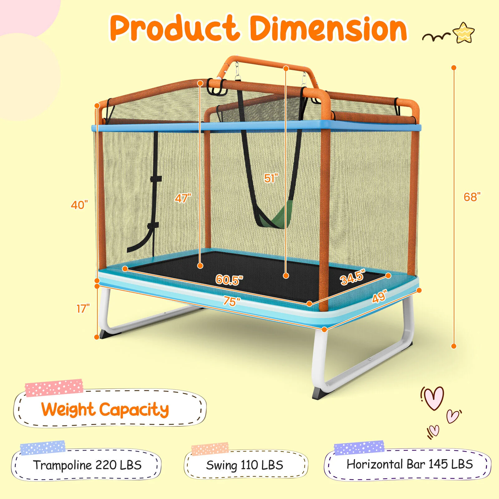 6 Feet Rectangle Trampoline with Swing Horizontal Bar and Safety Net - Image 4