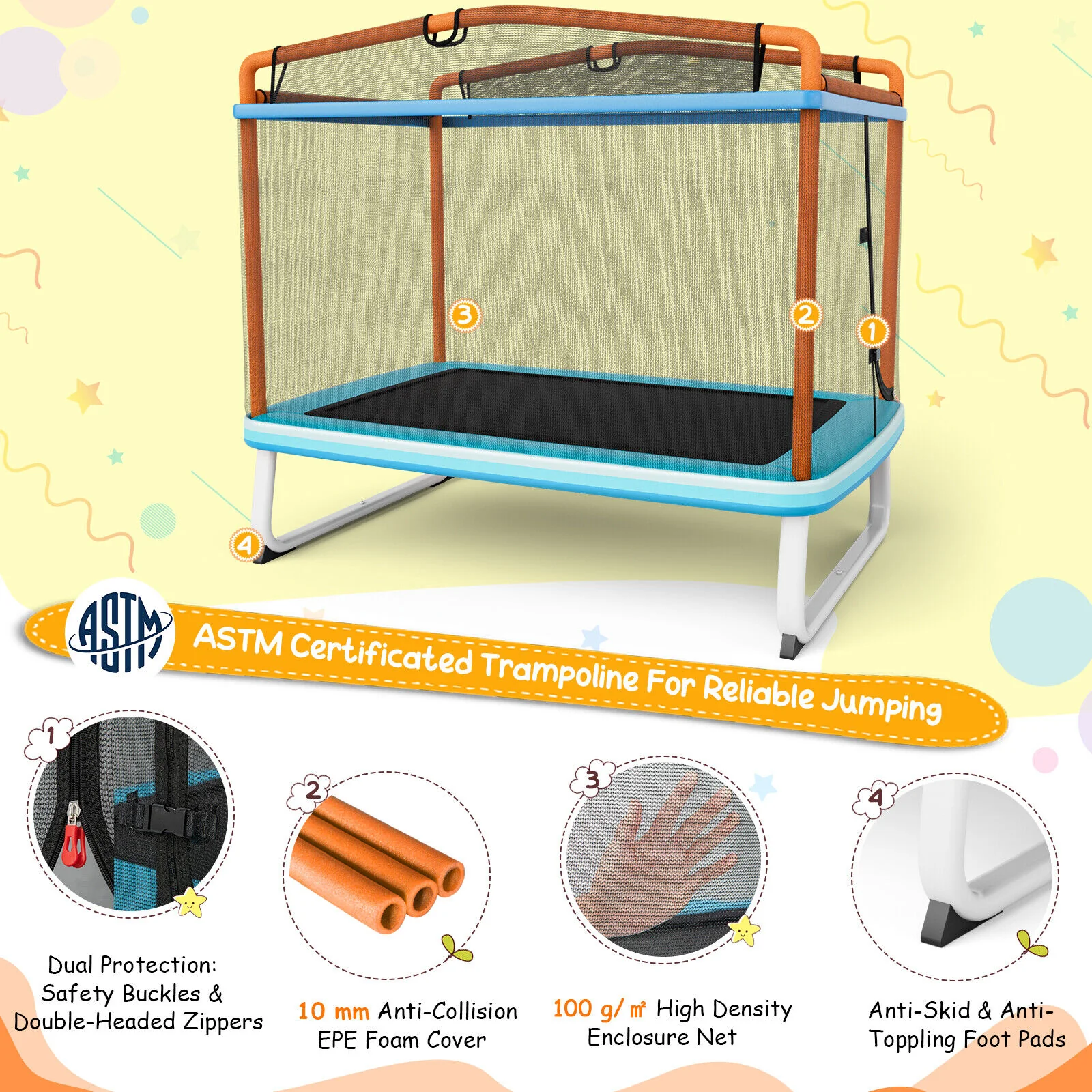 6 Feet Rectangle Trampoline with Swing Horizontal Bar and Safety Net - Image 6
