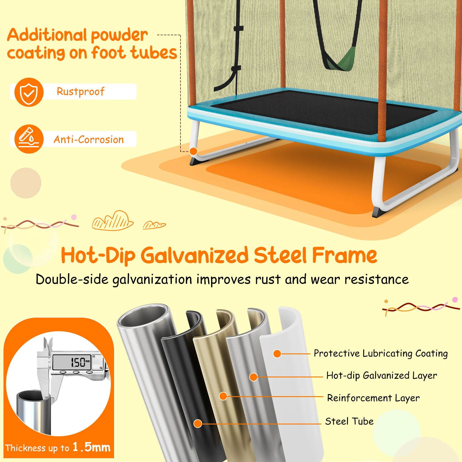 6 Feet Rectangle Trampoline with Swing Horizontal Bar and Safety Net - Image 8