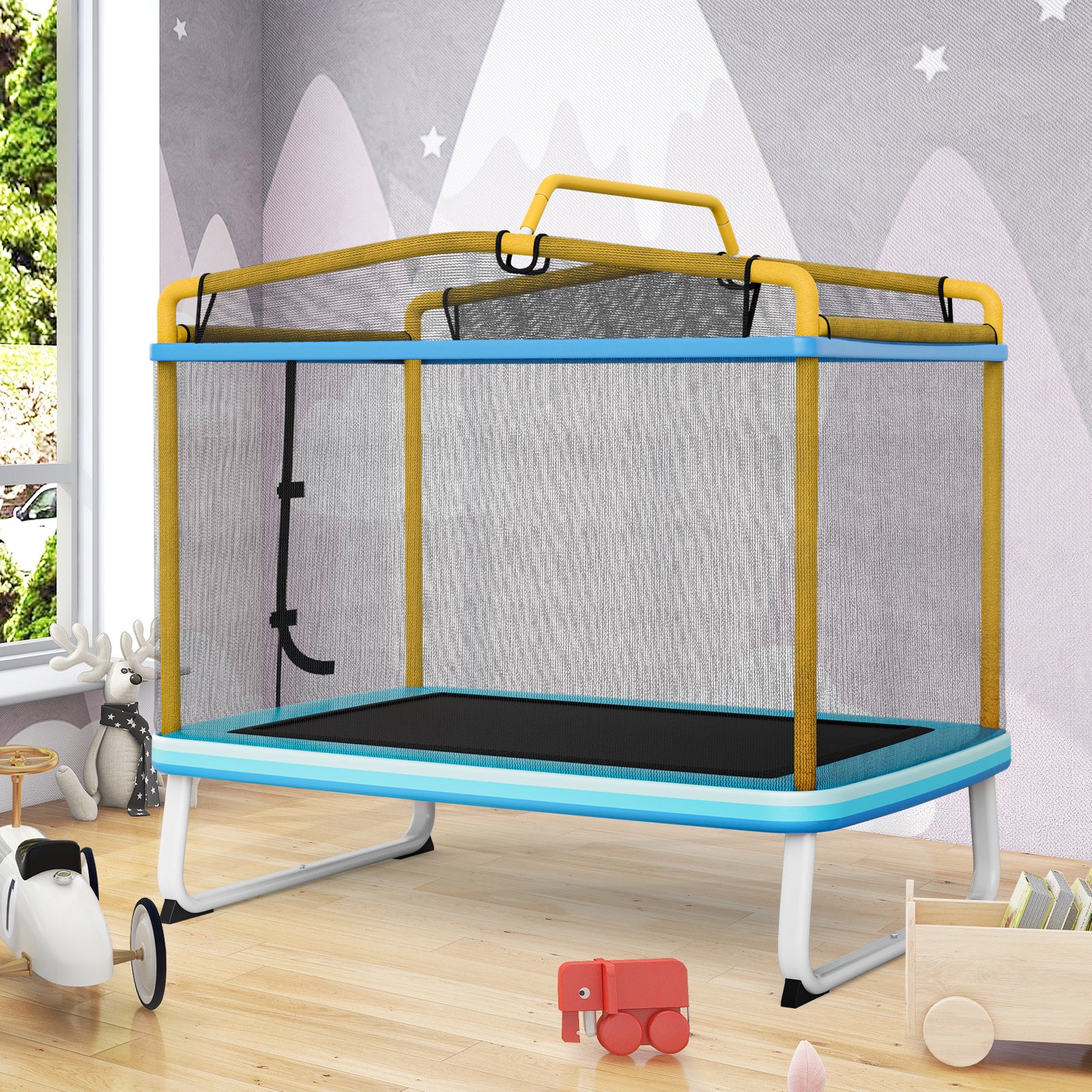 6 Feet Rectangle Trampoline with Swing Horizontal Bar and Safety Net - Image 9