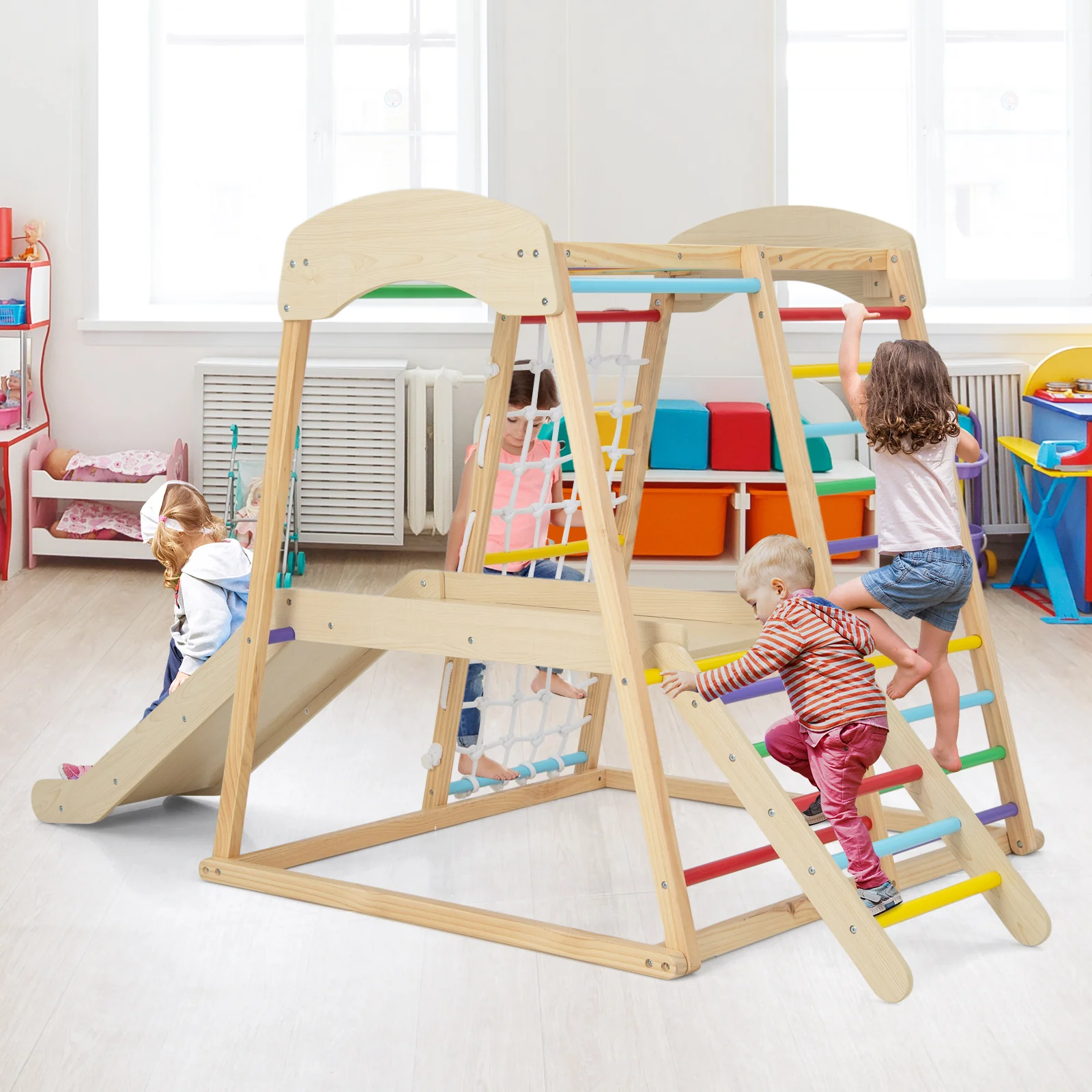 6-in-1 Indoor Jungle Gym Kids Wooden Playground with Monkey Bars