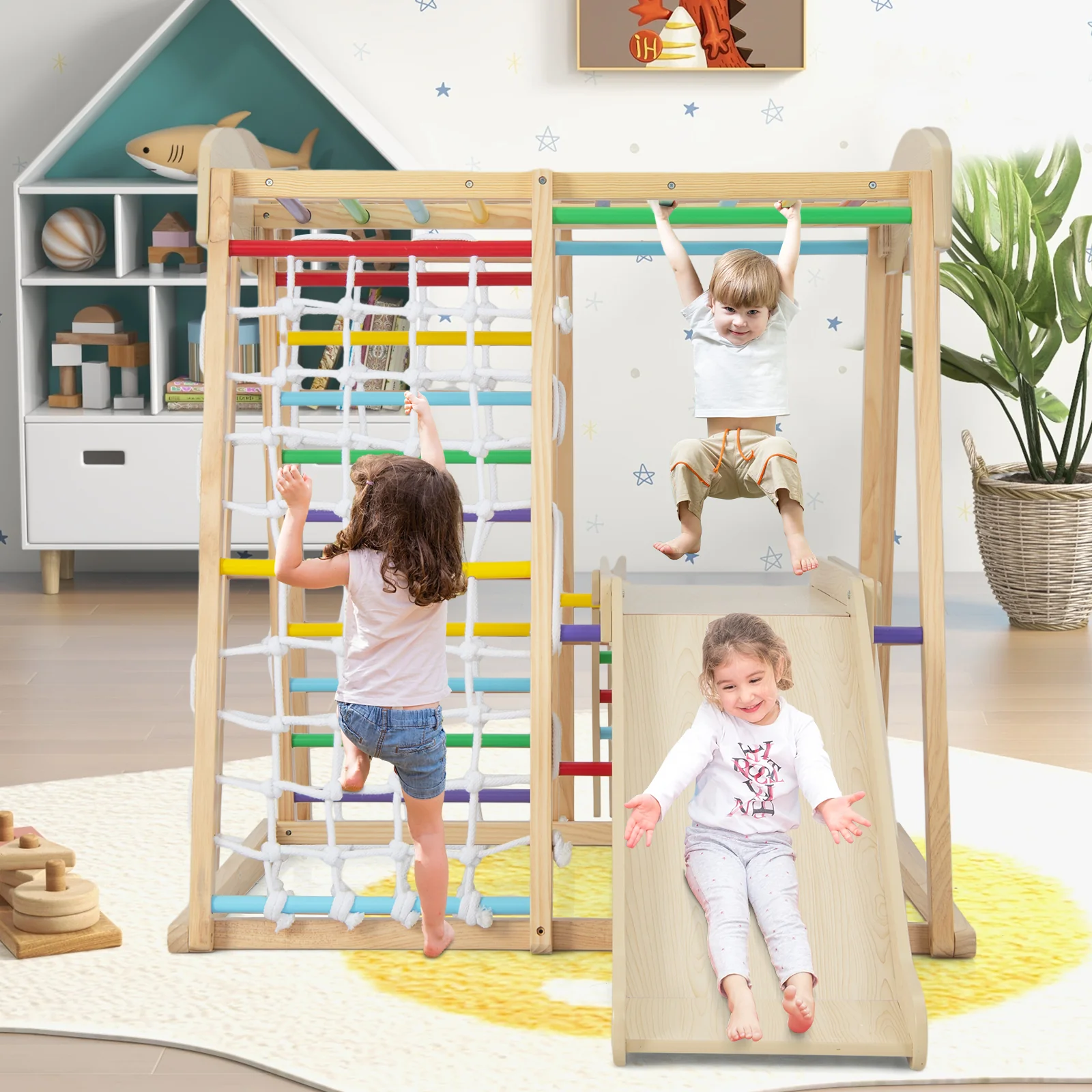 6-in-1 Indoor Jungle Gym Kids Wooden Playground with Monkey Bars - Image 10