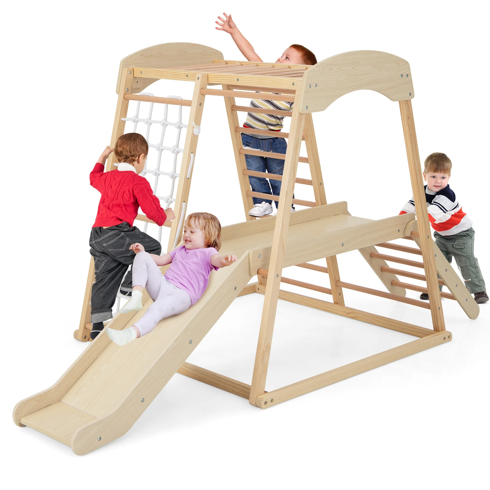 6-in-1 Indoor Jungle Gym Kids Wooden Playground with Monkey Bars - Image 12
