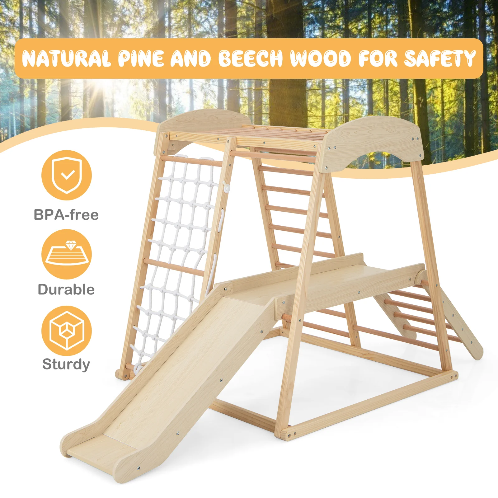 6-in-1 Indoor Jungle Gym Kids Wooden Playground with Monkey Bars - Image 14