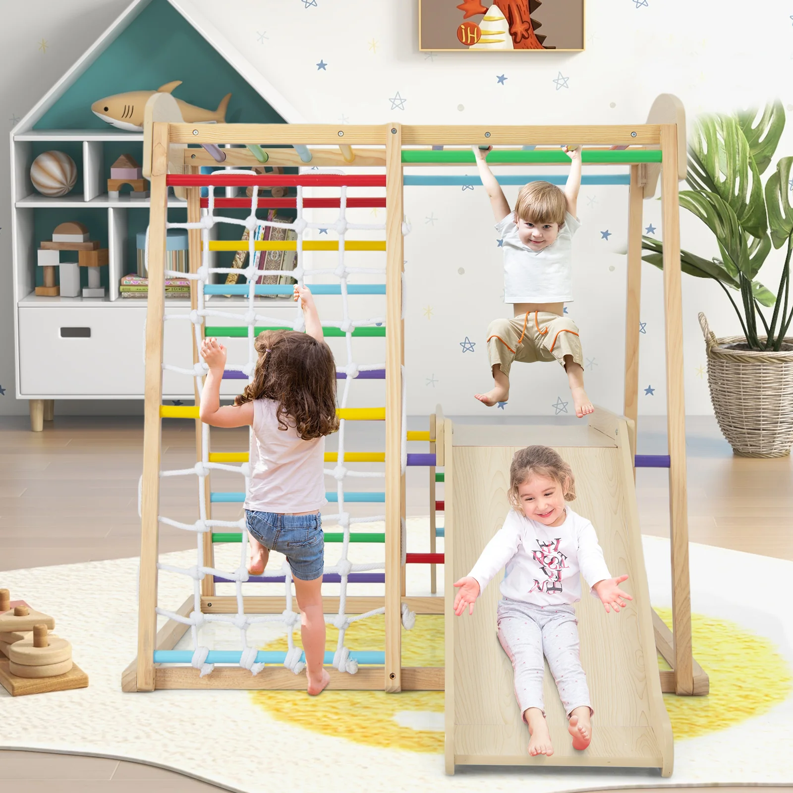 6-in-1 Indoor Jungle Gym Kids Wooden Playground with Monkey Bars - Image 2