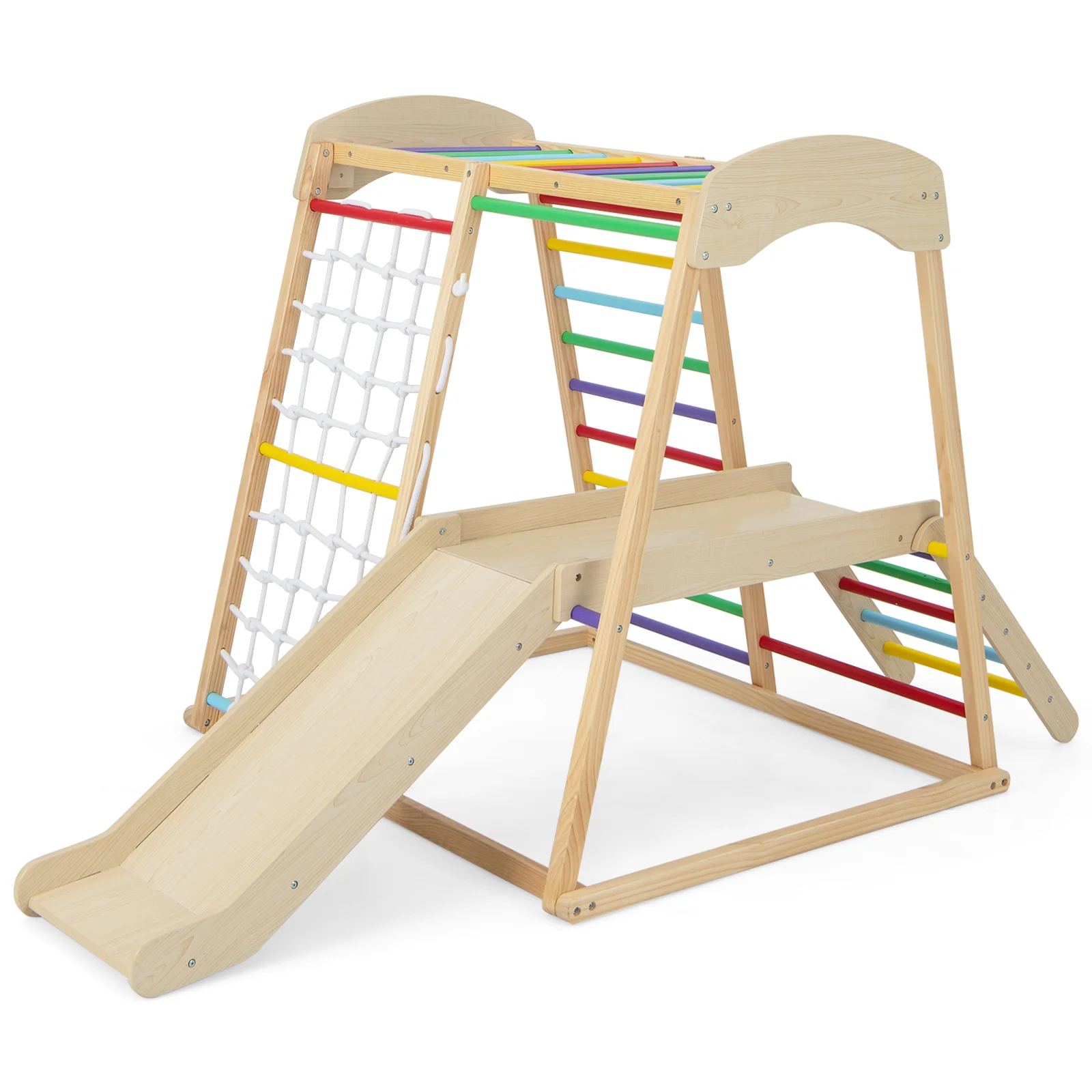 6-in-1 Indoor Jungle Gym Kids Wooden Playground with Monkey Bars - Image 3