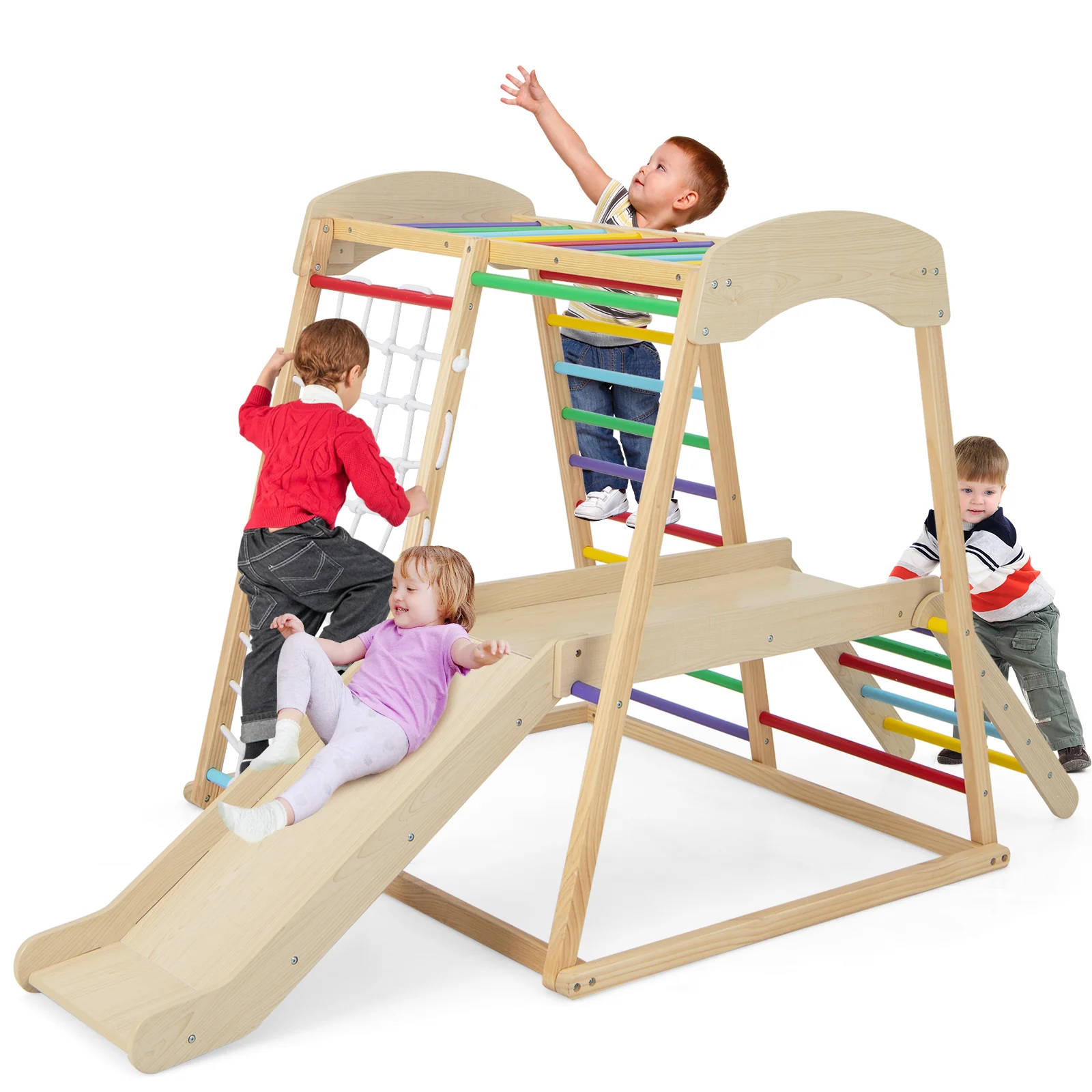 6-in-1 Indoor Jungle Gym Kids Wooden Playground with Monkey Bars - Image 4