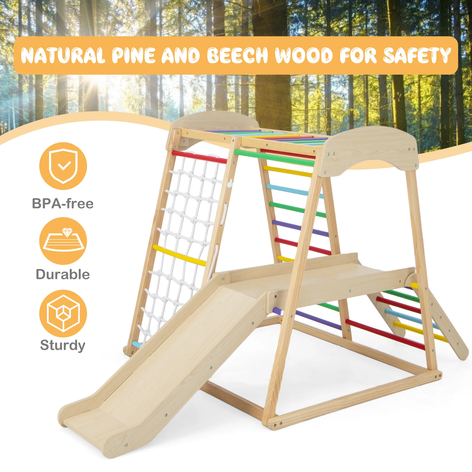 6-in-1 Indoor Jungle Gym Kids Wooden Playground with Monkey Bars - Image 6