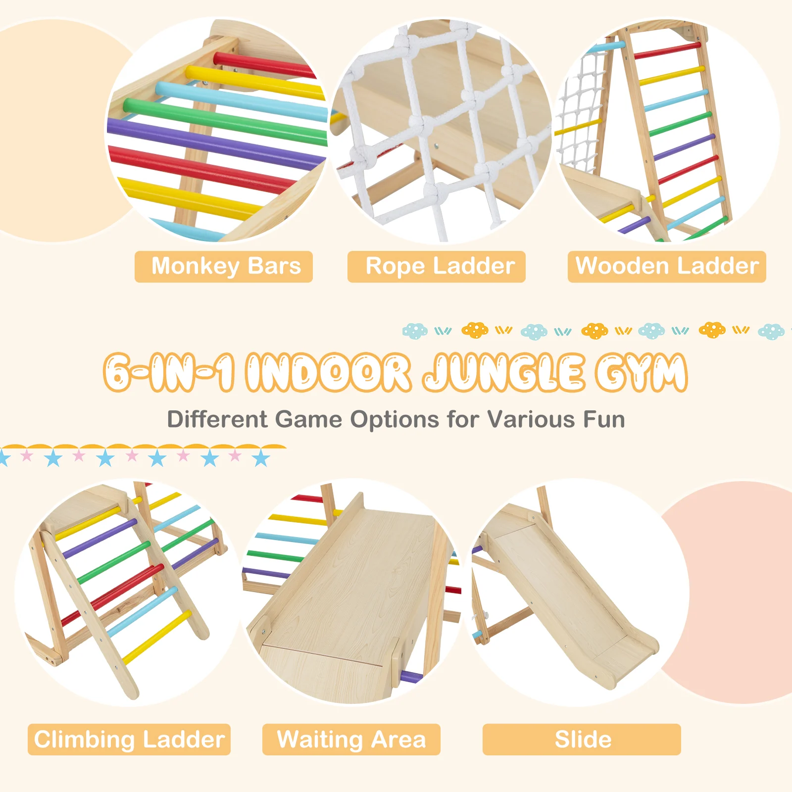6-in-1 Indoor Jungle Gym Kids Wooden Playground with Monkey Bars - Image 7