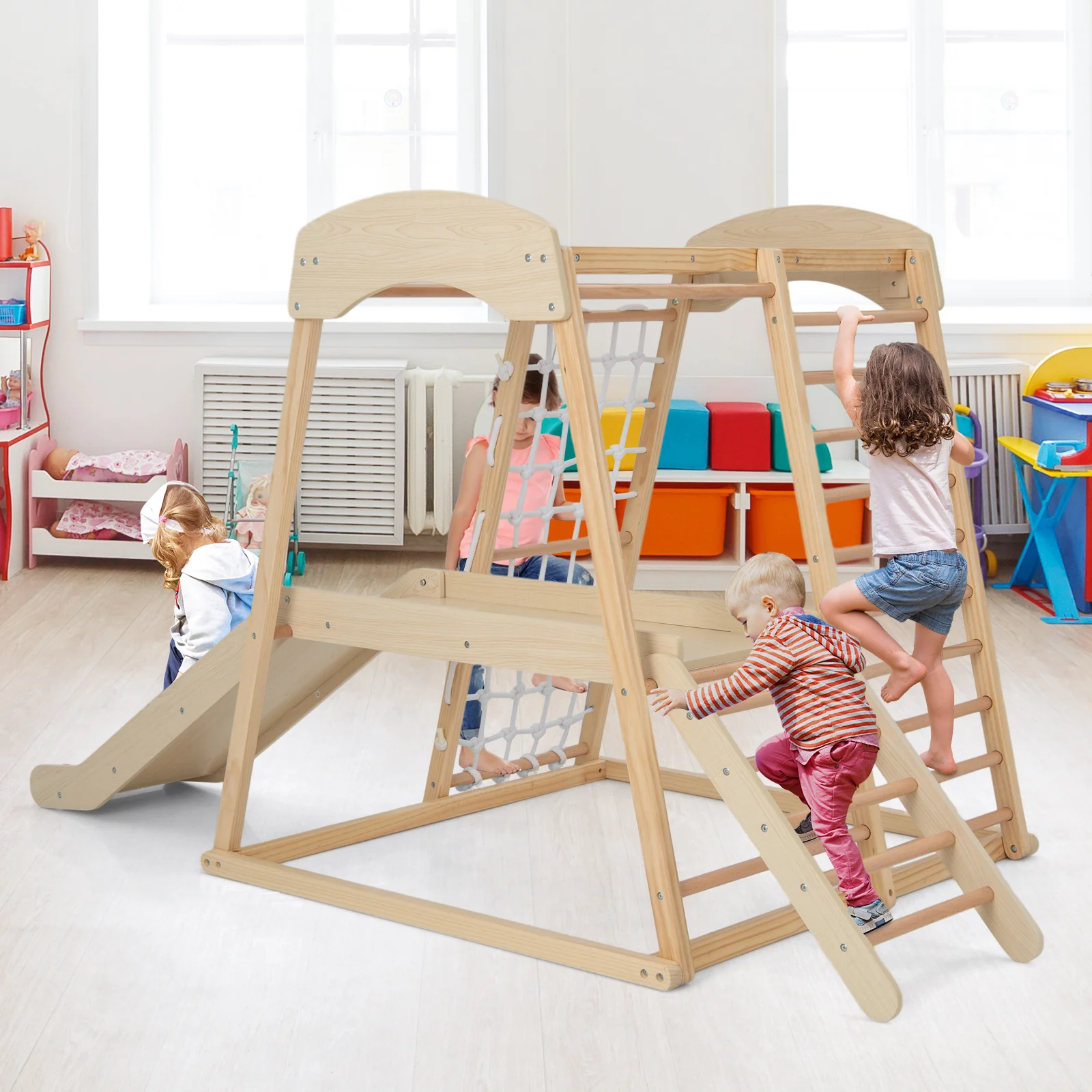 6-in-1 Indoor Jungle Gym Kids Wooden Playground with Monkey Bars - Image 9