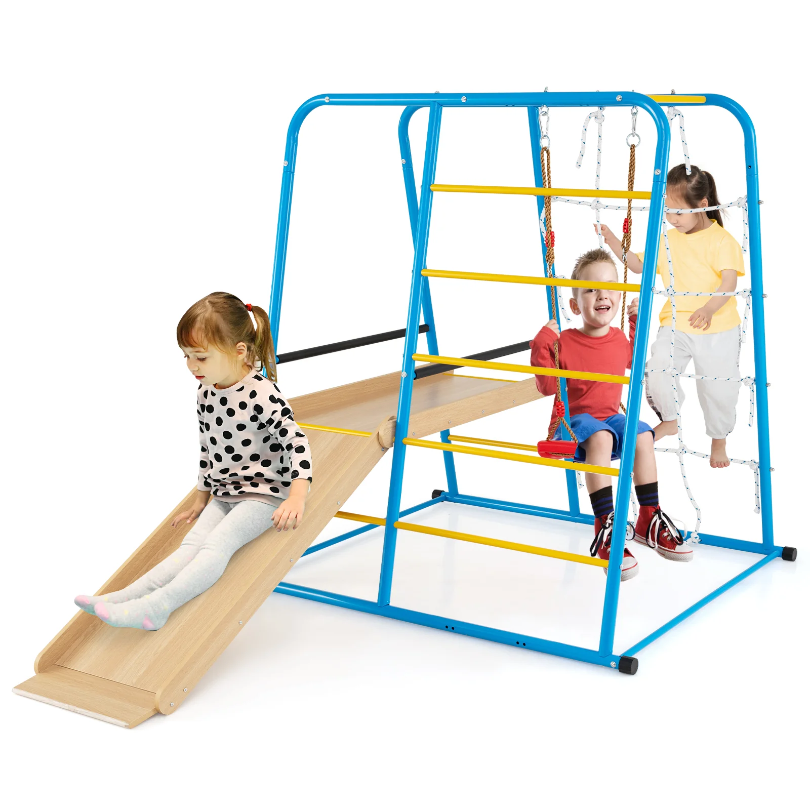 6-in-1 Indoor Jungle Gym with Slide for Boys and Girls 3+ Years Old-Blue - Image 3