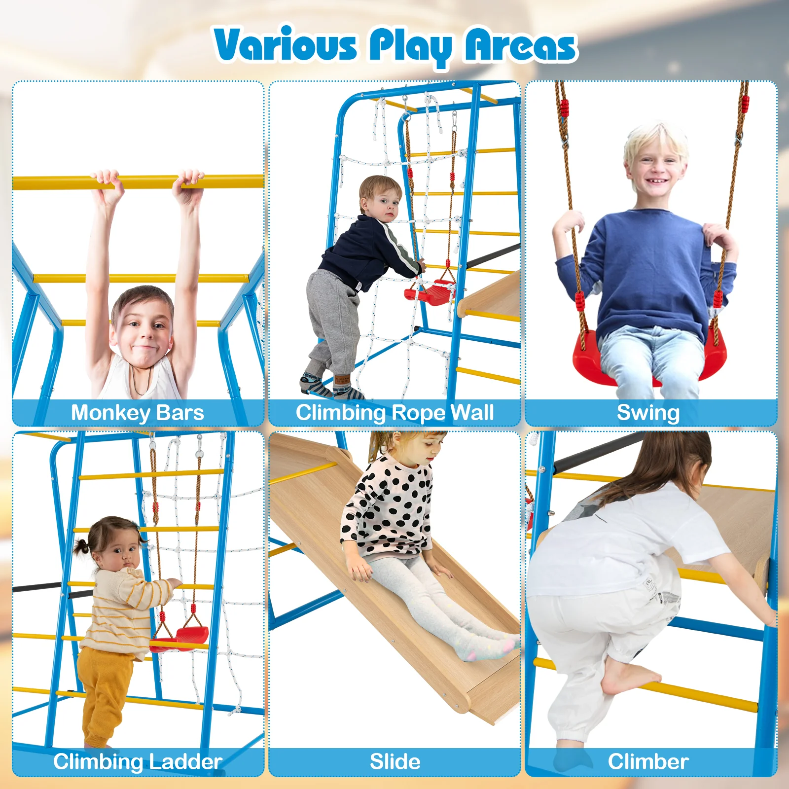 6-in-1 Indoor Jungle Gym with Slide for Boys and Girls 3+ Years Old-Blue - Image 5