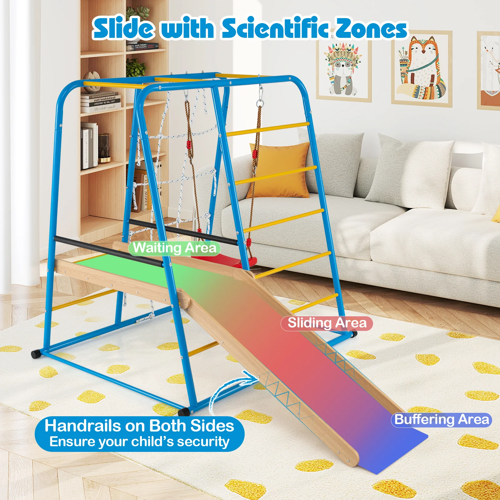 6-in-1 Indoor Jungle Gym with Slide for Boys and Girls 3+ Years Old-Blue - Image 6