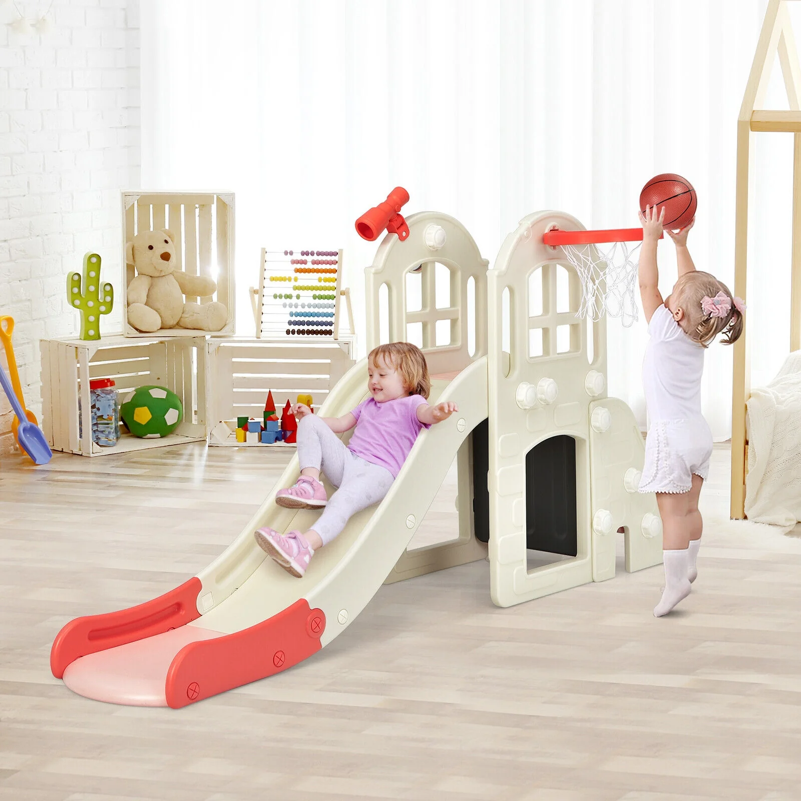 6-In-1 Large Slide for Kids Toddler Climber Slide Playset with Basketball Hoop - Image 10