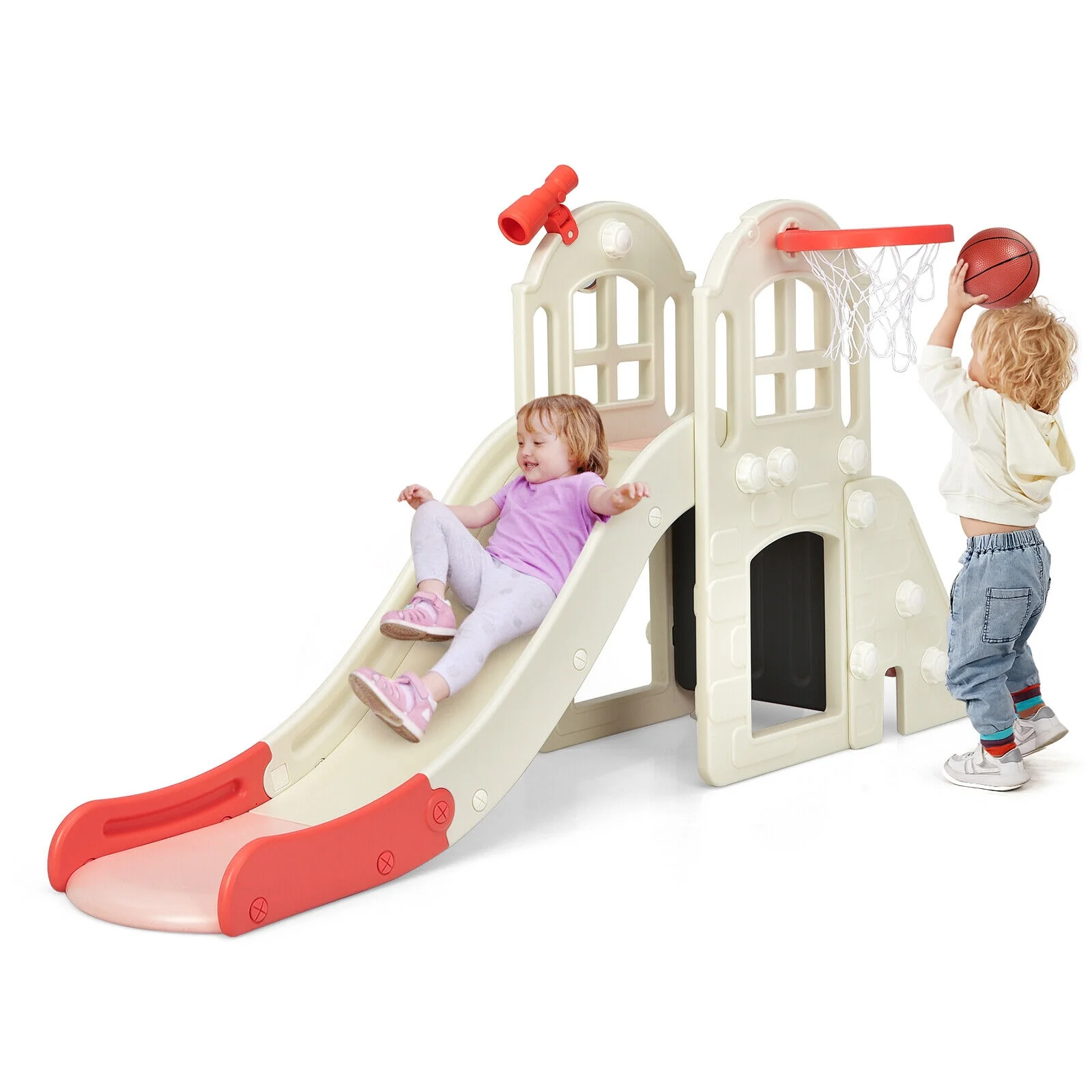 6-In-1 Large Slide for Kids Toddler Climber Slide Playset with Basketball Hoop - Image 12