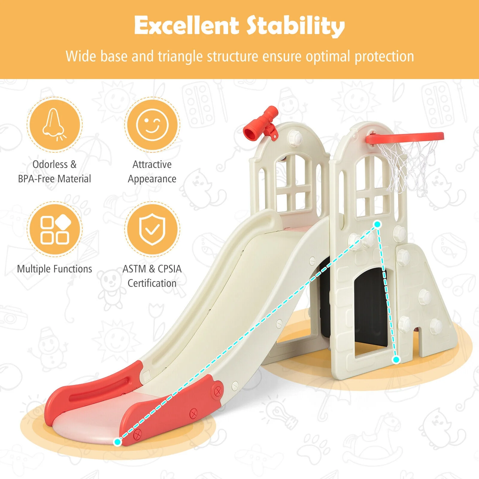 6-In-1 Large Slide for Kids Toddler Climber Slide Playset with Basketball Hoop - Image 15
