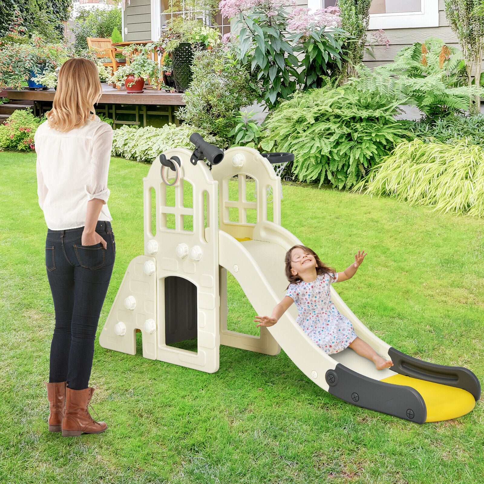 6-In-1 Large Slide for Kids Toddler Climber Slide Playset with Basketball Hoop - Image 17