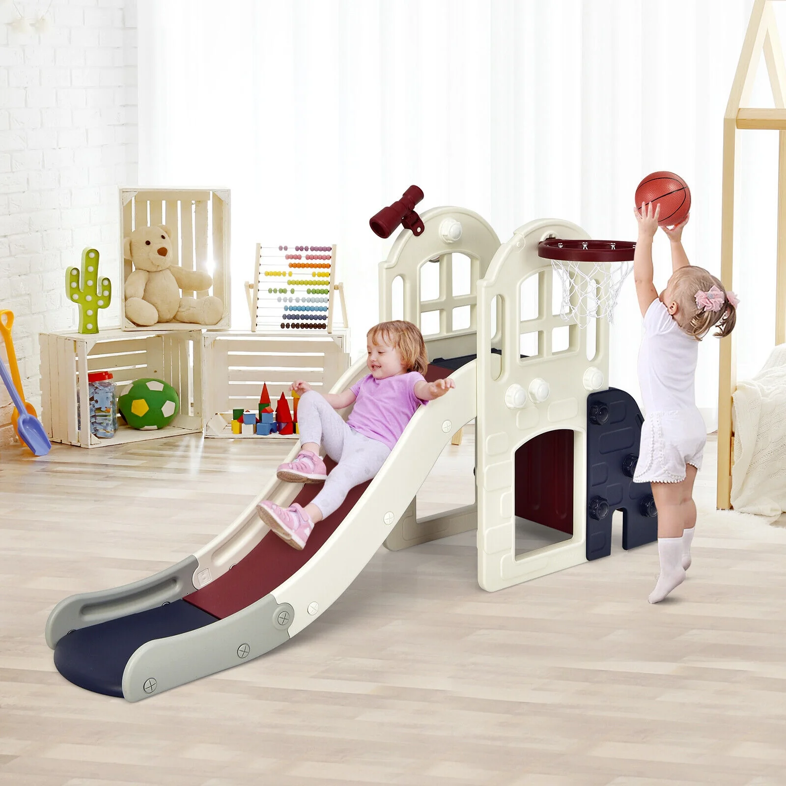 6-In-1 Large Slide for Kids Toddler Climber Slide Playset with Basketball Hoop - Image 2
