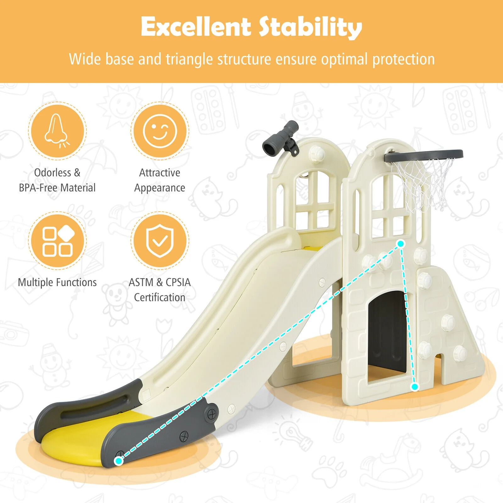 6-In-1 Large Slide for Kids Toddler Climber Slide Playset with Basketball Hoop - Image 23