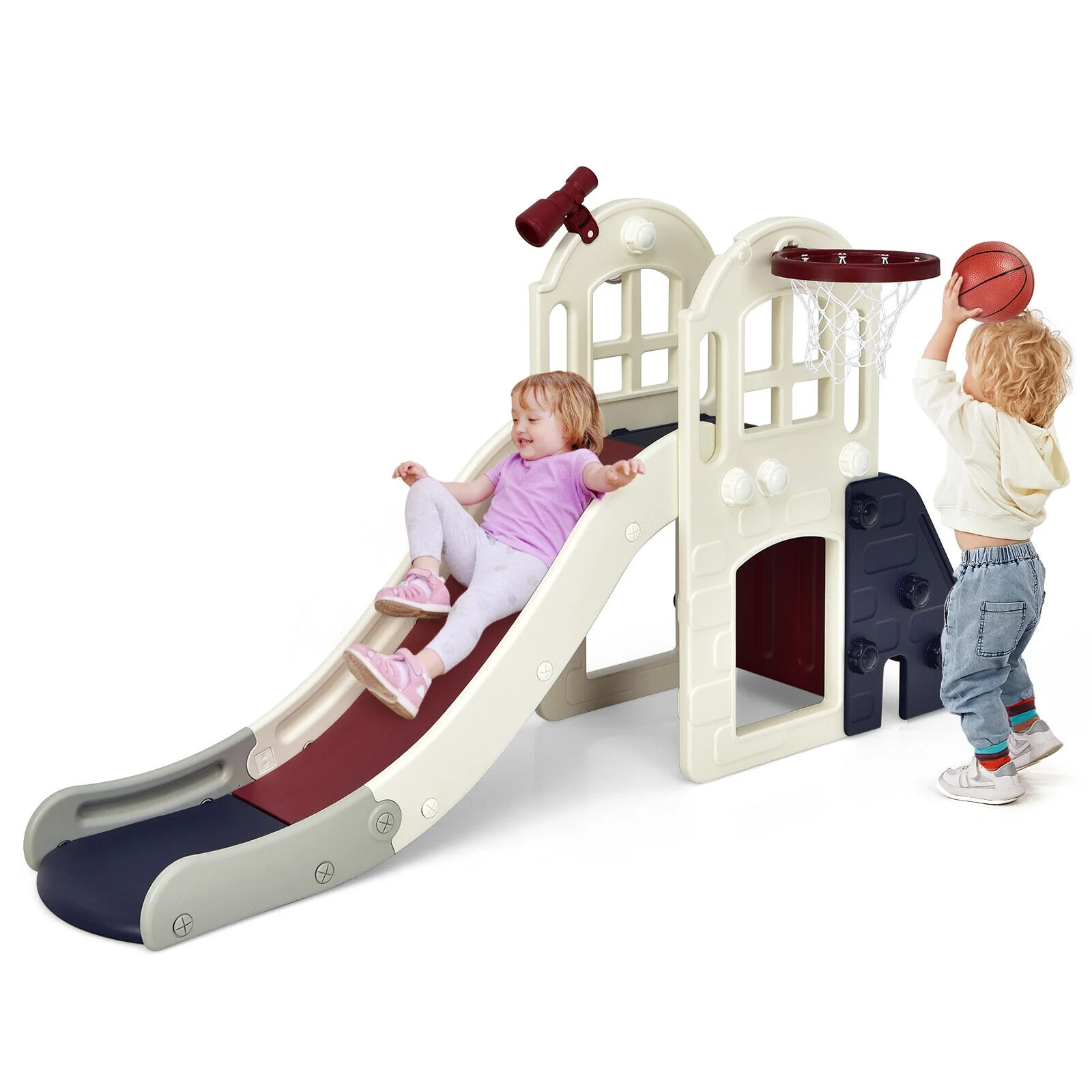6-In-1 Large Slide for Kids Toddler Climber Slide Playset with Basketball Hoop - Image 4