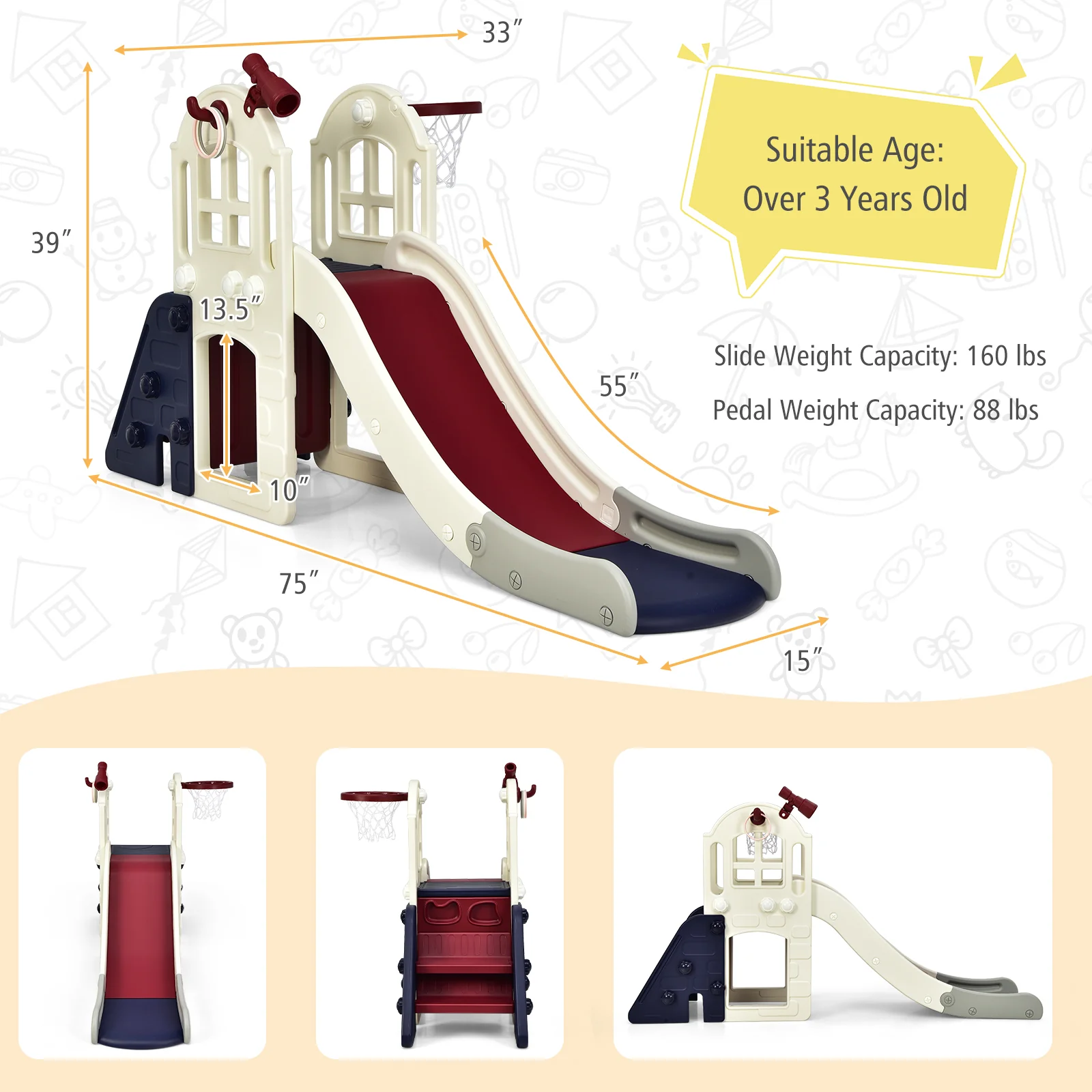 6-In-1 Large Slide for Kids Toddler Climber Slide Playset with Basketball Hoop - Image 5