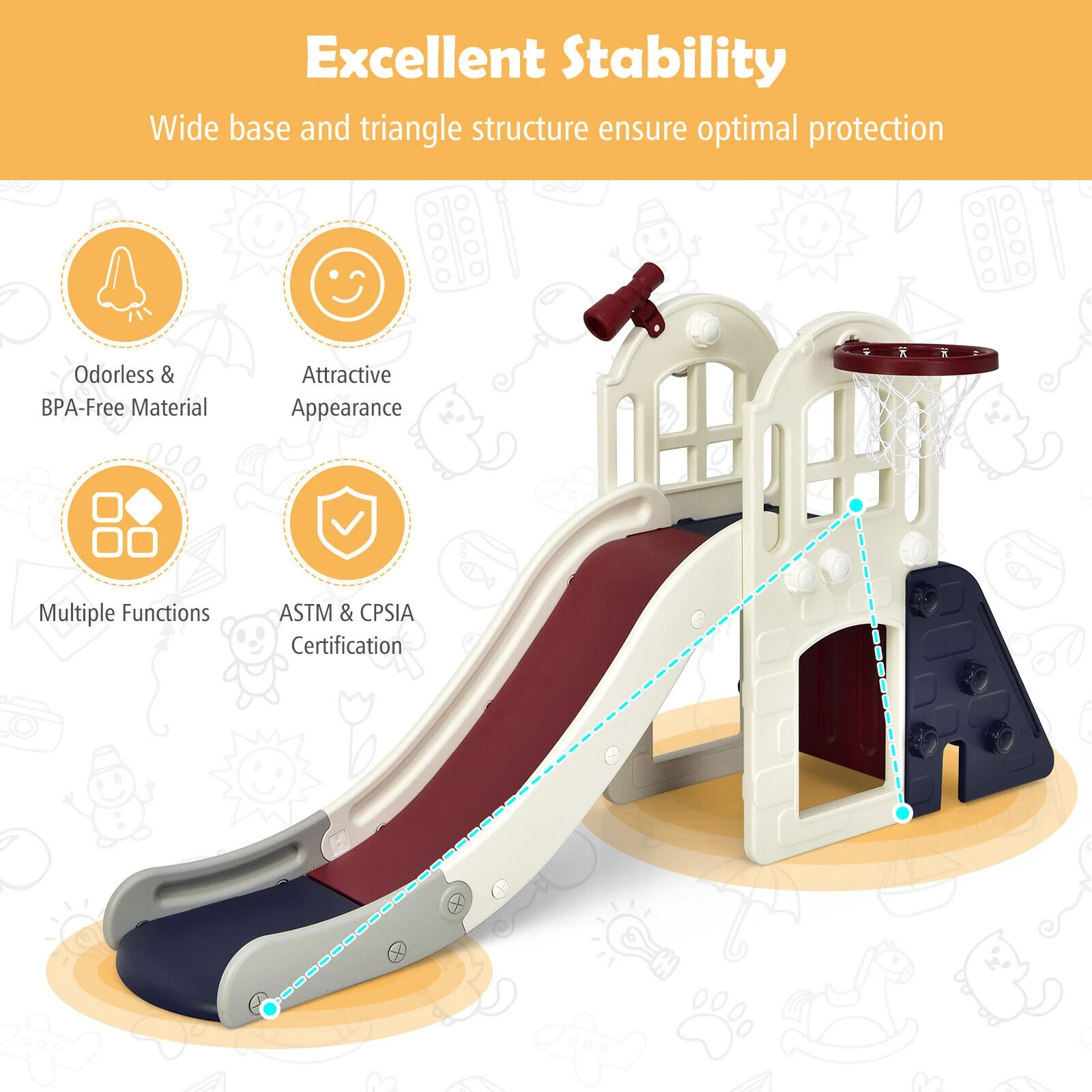6-In-1 Large Slide for Kids Toddler Climber Slide Playset with Basketball Hoop - Image 7
