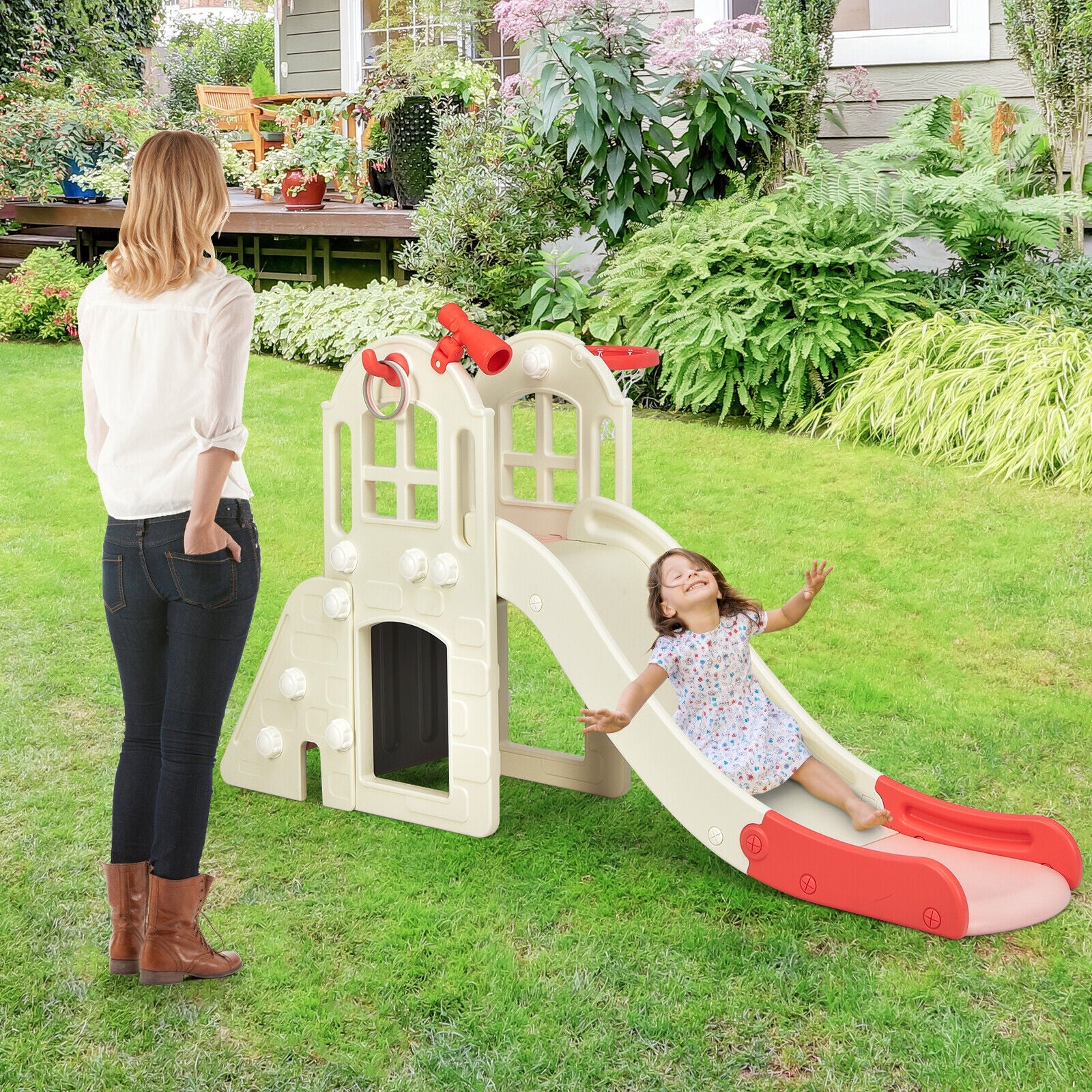6-In-1 Large Slide for Kids Toddler Climber Slide Playset with Basketball Hoop - Image 9