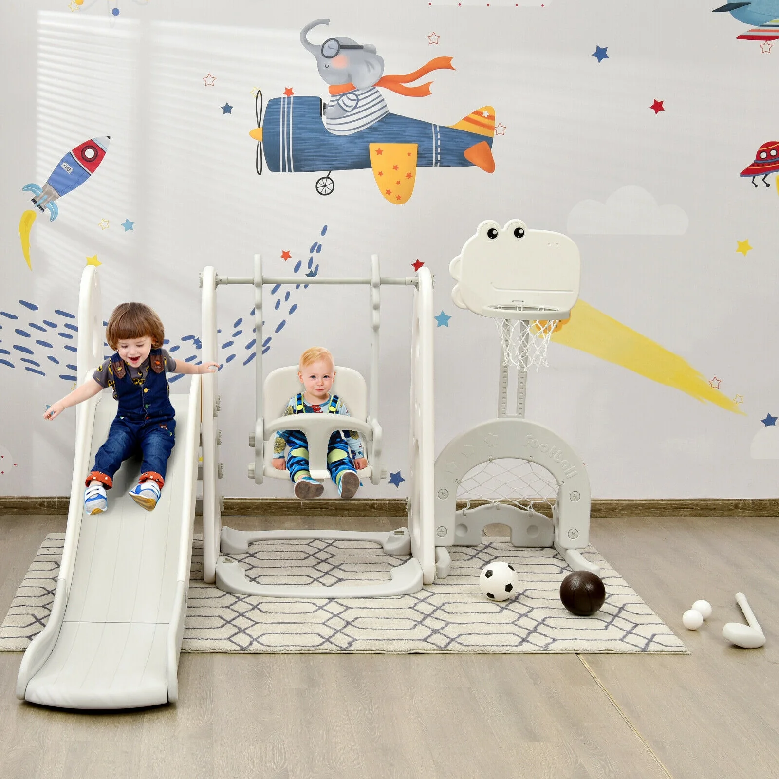 6 in 1 Toddler Slide and Swing Set with Ball Games - Image 10