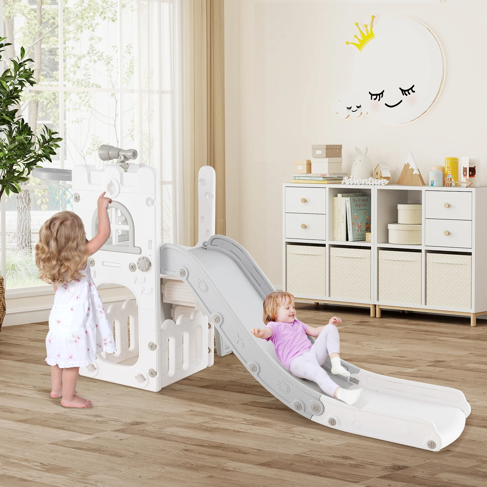 6-in-1 Toddler Slide L-shaped Playground with Basketball Hoop and Ladder - Image 10