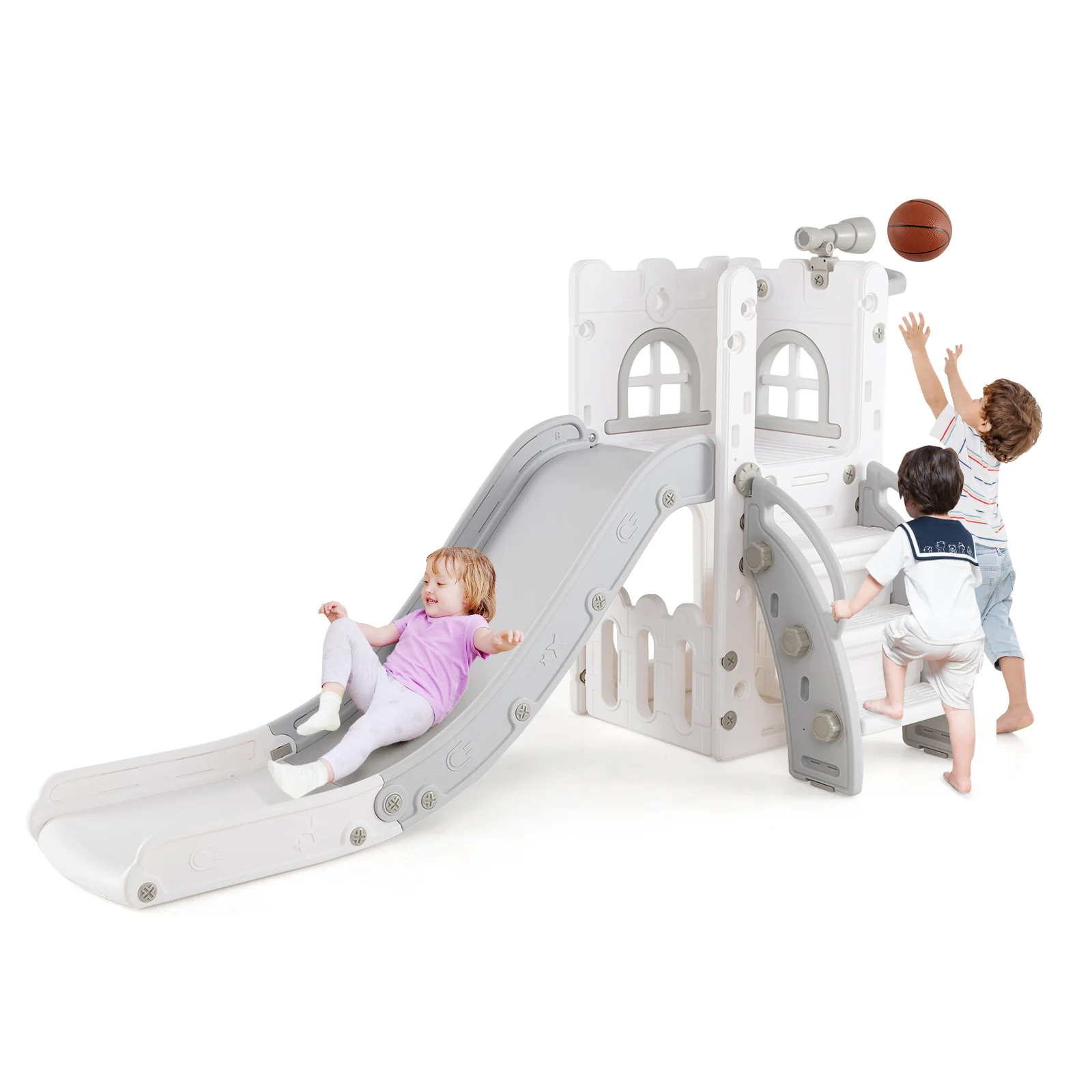6-in-1 Toddler Slide L-shaped Playground with Basketball Hoop and Ladder - Image 12