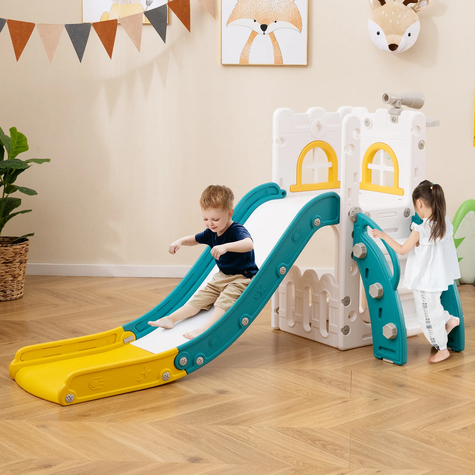 6-in-1 Toddler Slide L-shaped Playground with Basketball Hoop and Ladder - Image 17