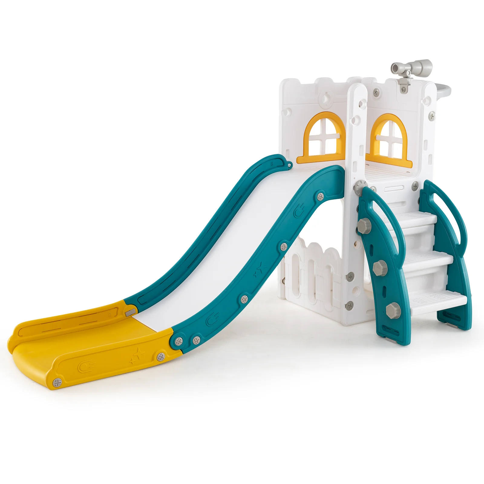 6-in-1 Toddler Slide L-shaped Playground with Basketball Hoop and Ladder - Image 18