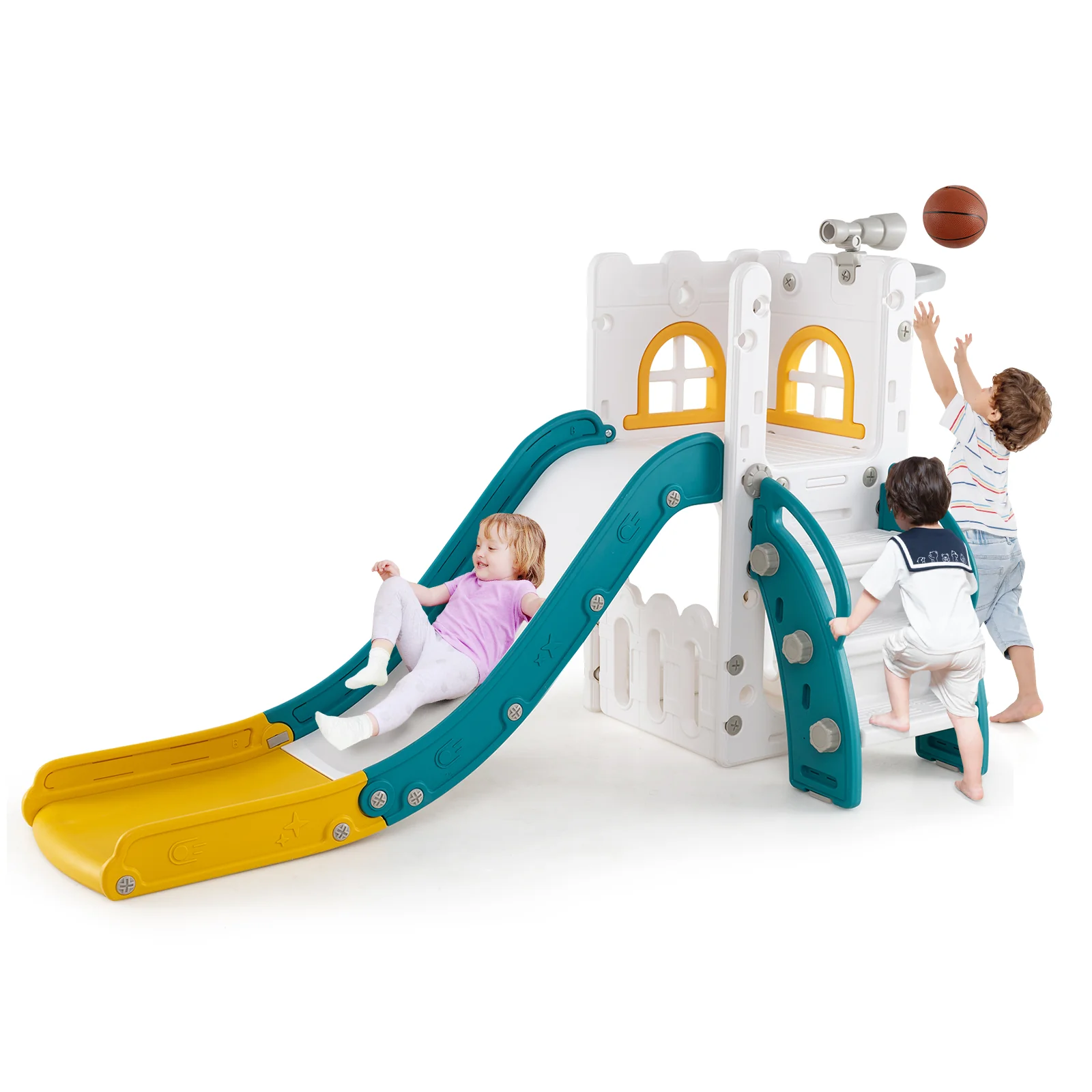 6-in-1 Toddler Slide L-shaped Playground with Basketball Hoop and Ladder - Image 19