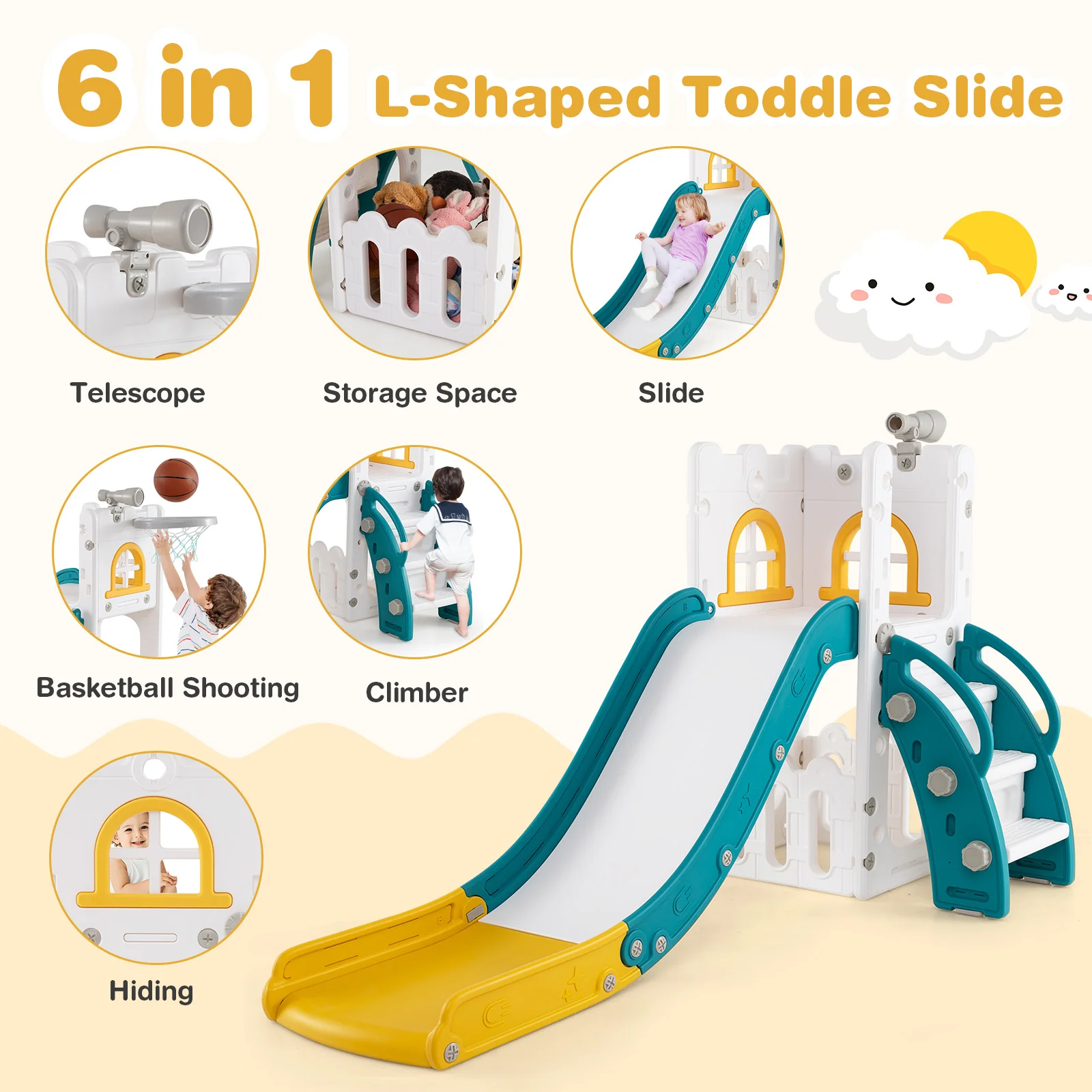 6-in-1 Toddler Slide L-shaped Playground with Basketball Hoop and Ladder - Image 22