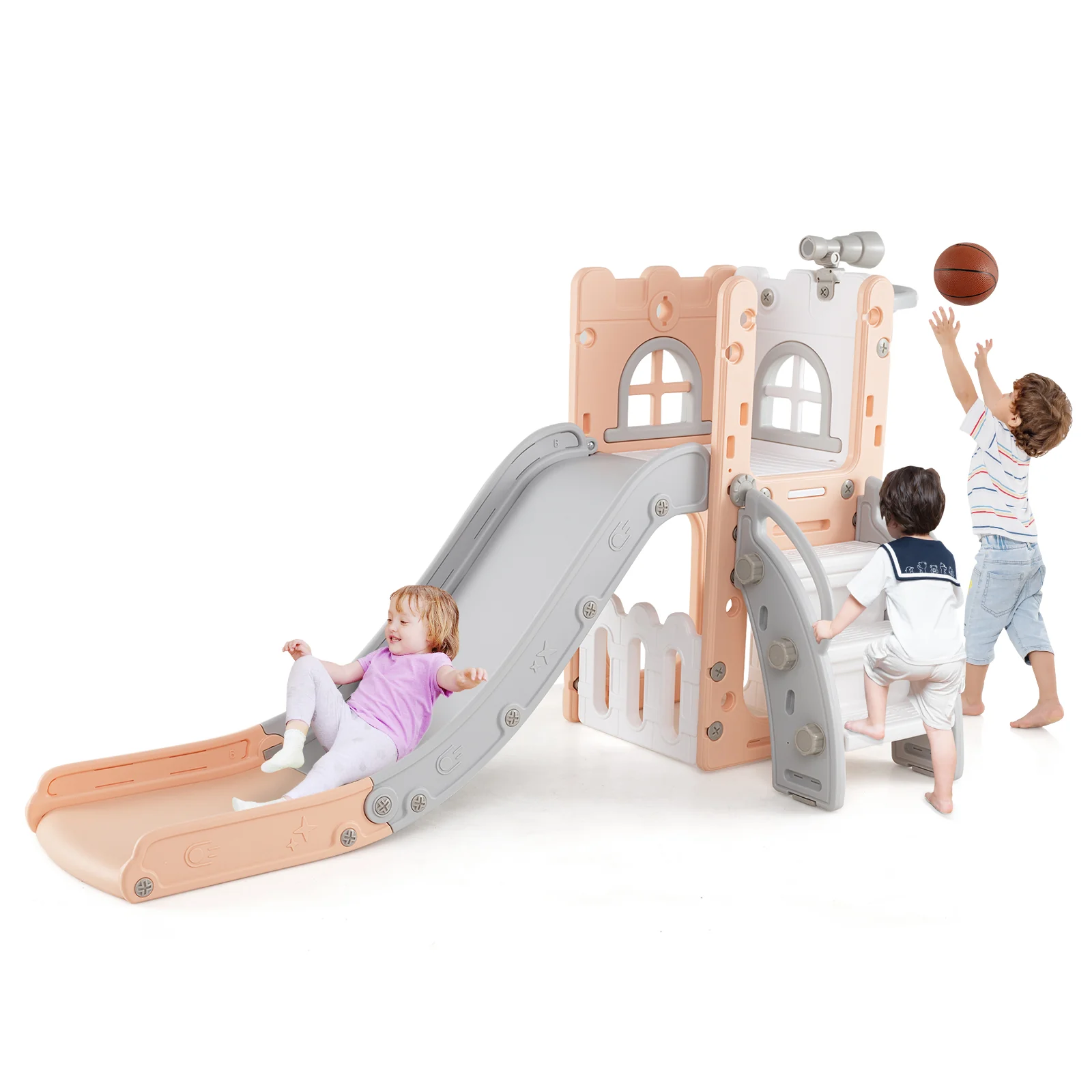 6-in-1 Toddler Slide L-shaped Playground with Basketball Hoop and Ladder - Image 3