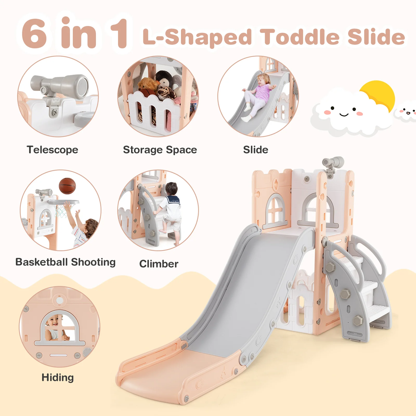 6-in-1 Toddler Slide L-shaped Playground with Basketball Hoop and Ladder - Image 6