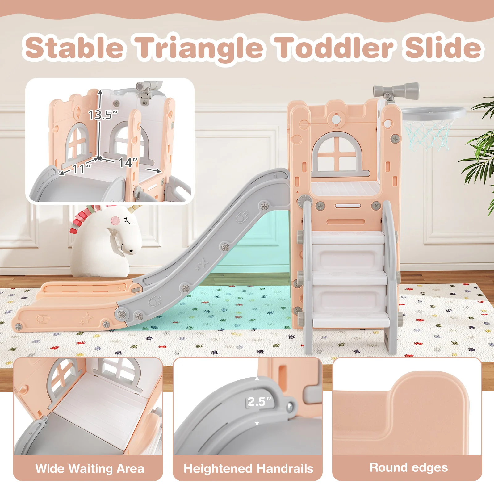 6-in-1 Toddler Slide L-shaped Playground with Basketball Hoop and Ladder - Image 8