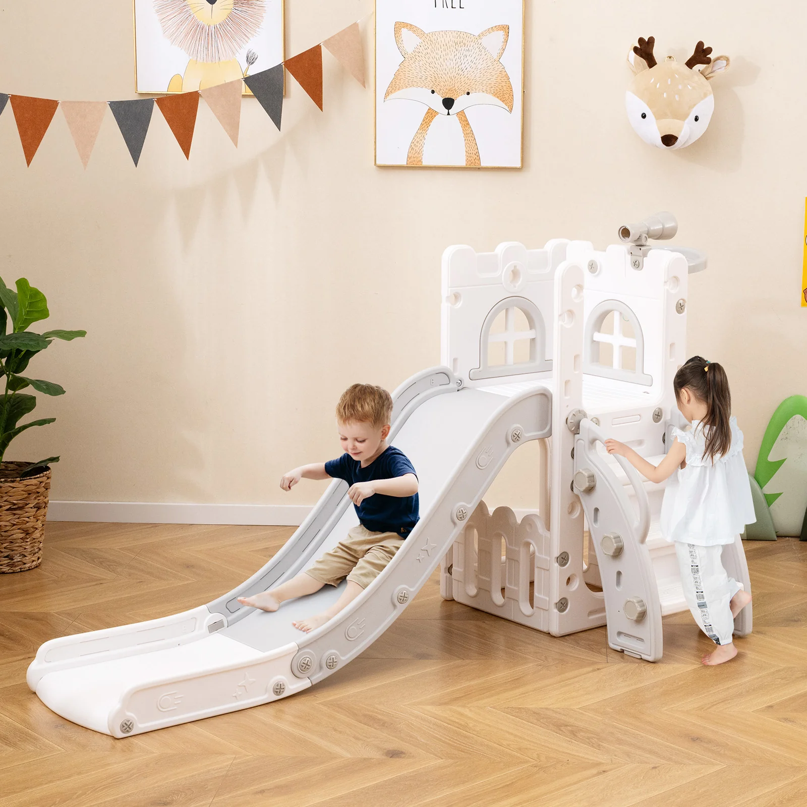 6-in-1 Toddler Slide L-shaped Playground with Basketball Hoop and Ladder - Image 9