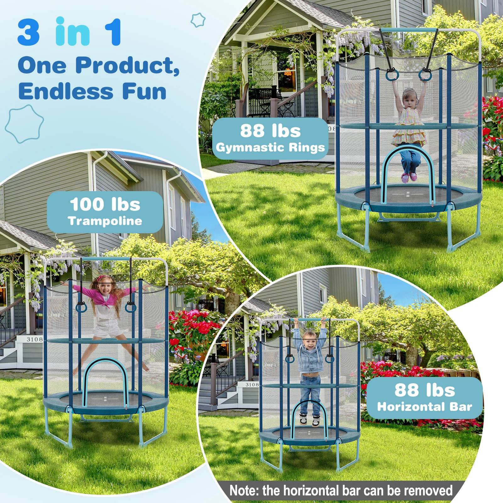 60 Inch Trampoline with Gymnastic Bar and Rings for Kids