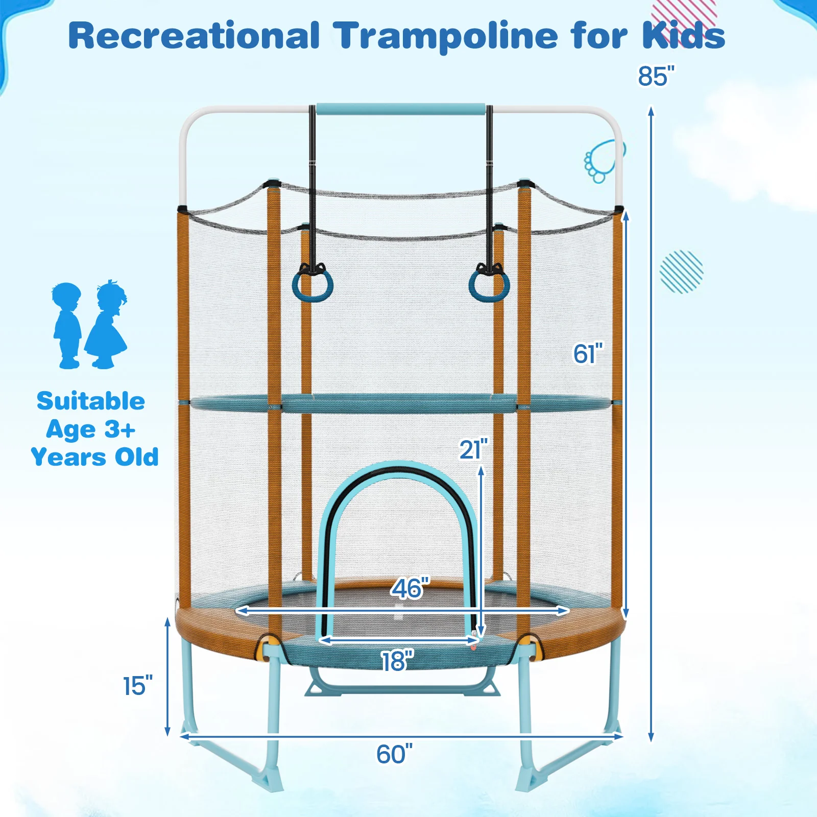 60 Inch Trampoline with Gymnastic Bar and Rings for Kids - Image 12