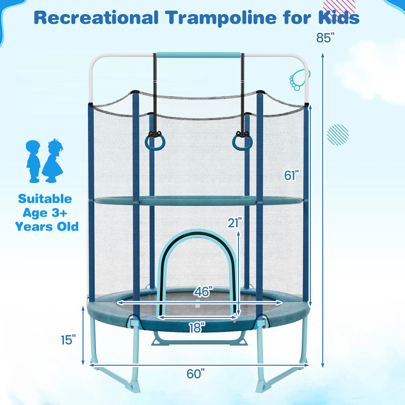60 Inch Trampoline with Gymnastic Bar and Rings for Kids - Image 4