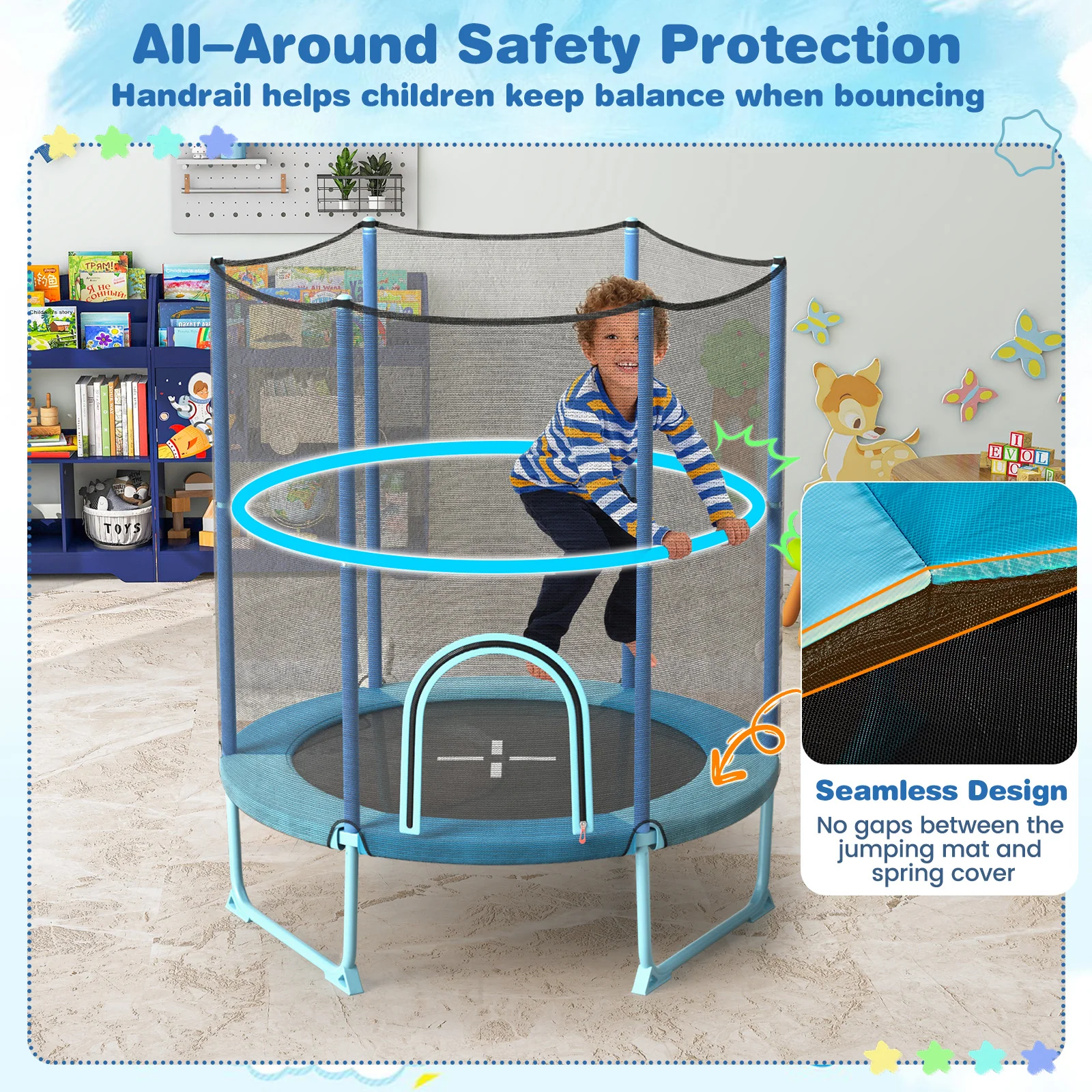 60 Inch Trampoline with Gymnastic Bar and Rings for Kids - Image 5