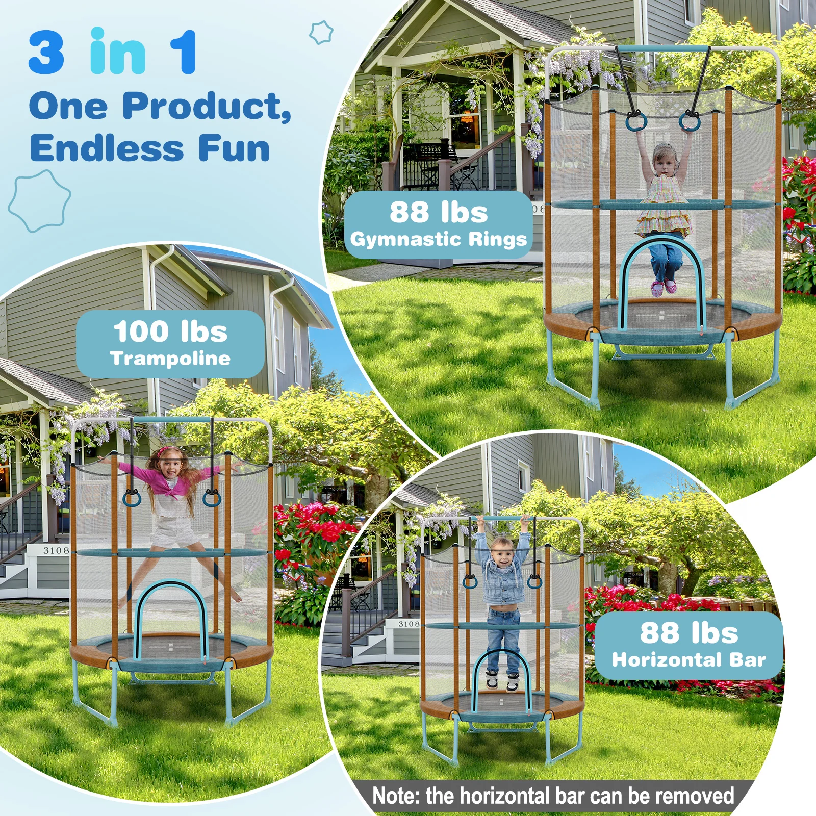 60 Inch Trampoline with Gymnastic Bar and Rings for Kids - Image 9