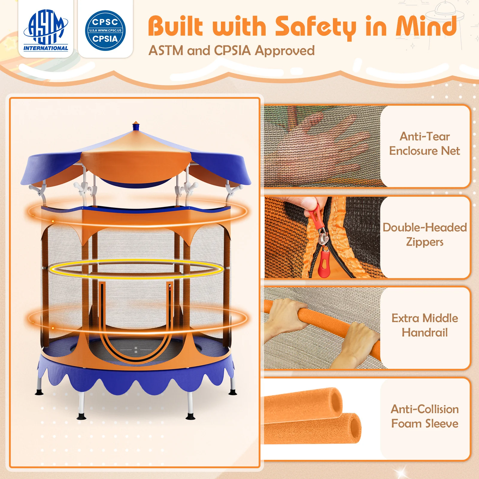 64 Inch Kids Trampoline with Detachable Canopy and Safety Enclosure Net