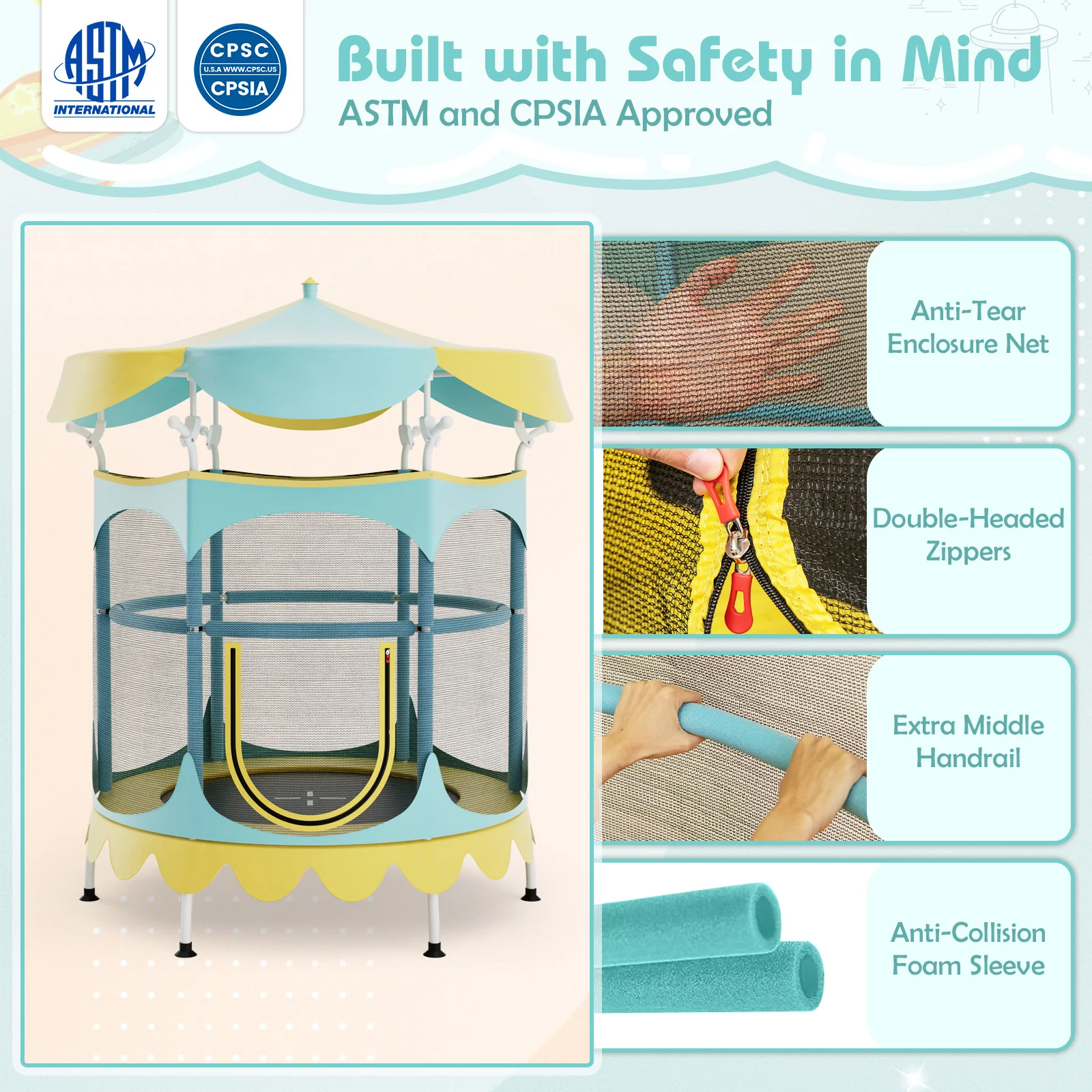 64 Inch Kids Trampoline with Detachable Canopy and Safety Enclosure Net - Image 17